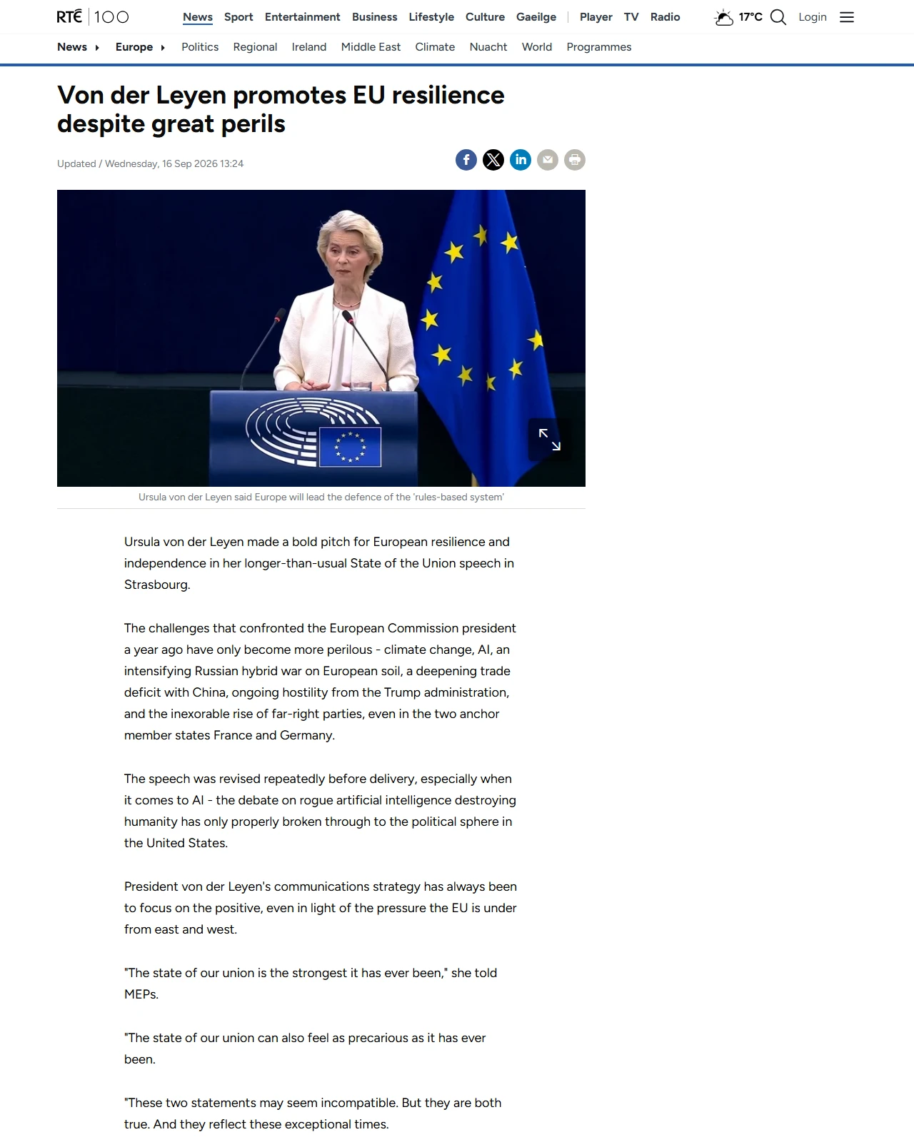 rte.ie as published: Von der Leyen promotes EU resilience despite great perils