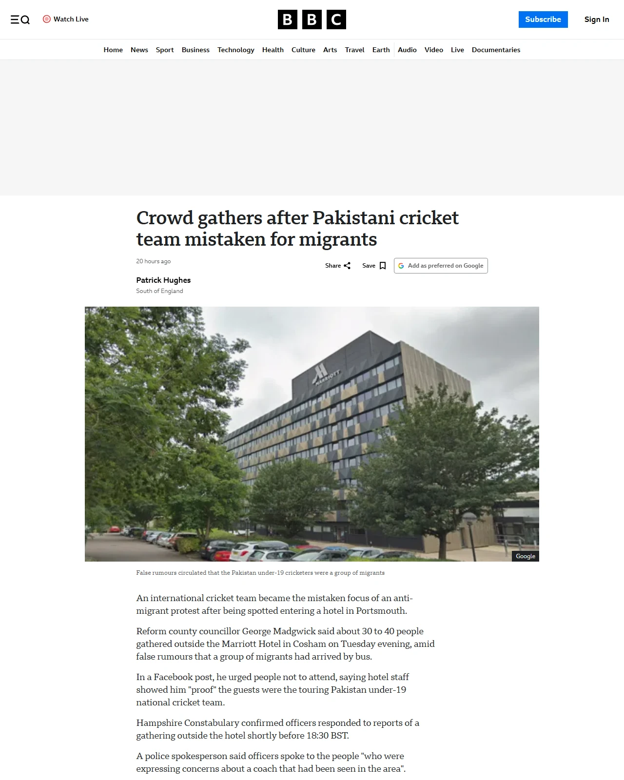 bbc.co.uk as published: Crowd gathers outside hotel containing Pakistan under-19 cricket team