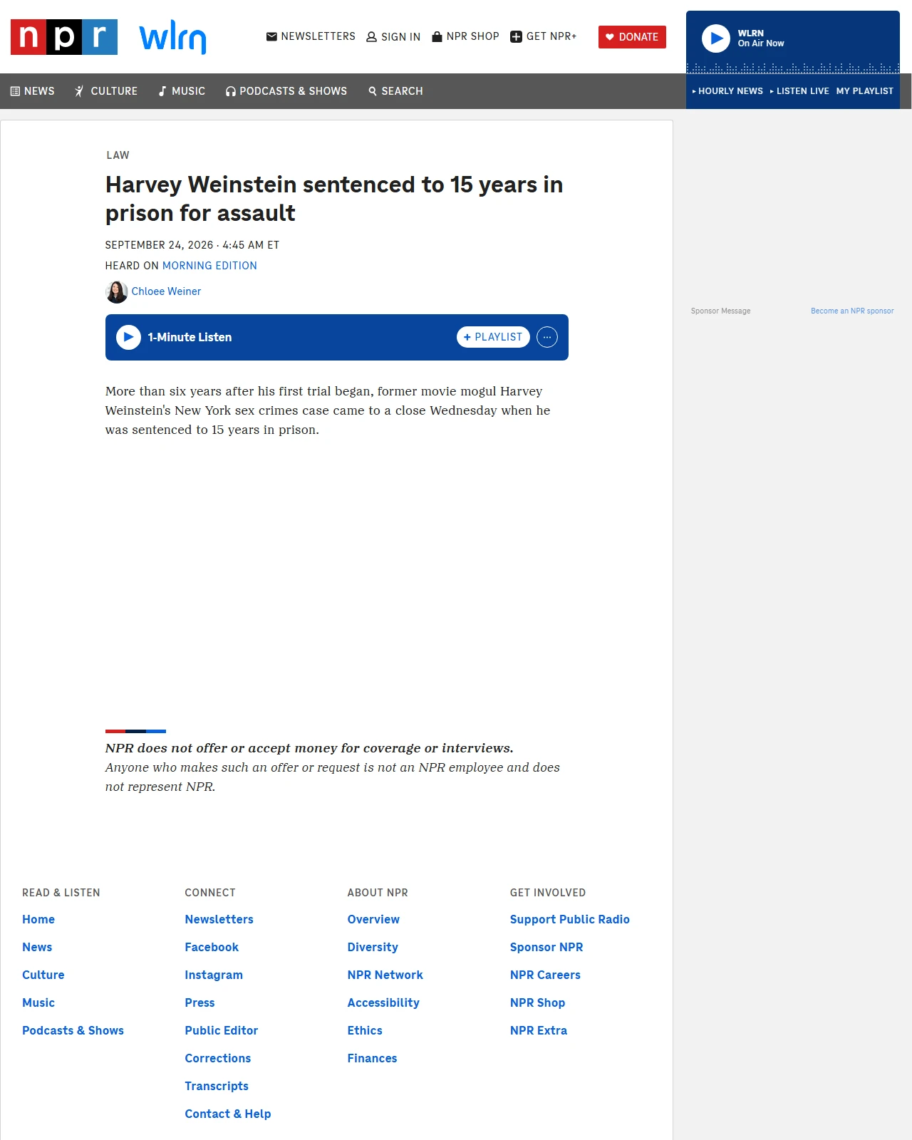 npr.org as published: Harvey Weinstein sentenced to 15 years in prison for assault