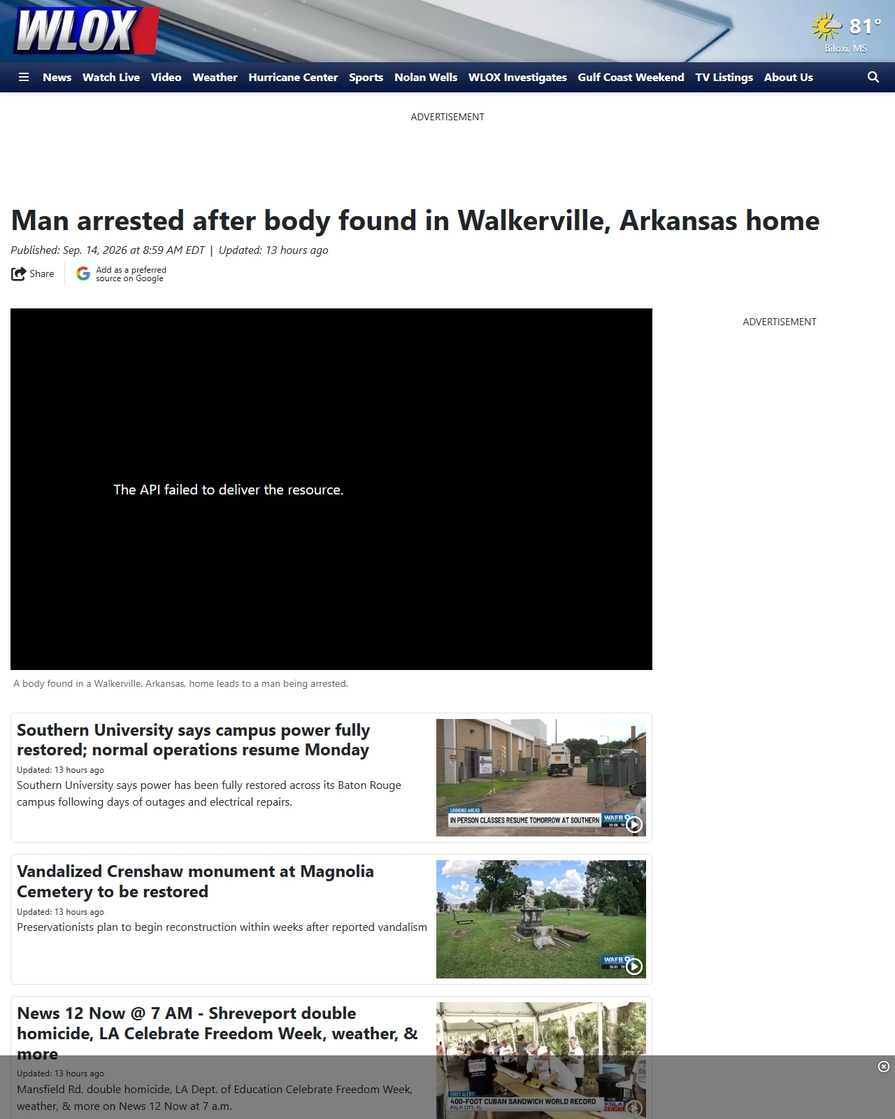 wlox.com as published: Man arrested after body found in Walkerville, Arkansas home