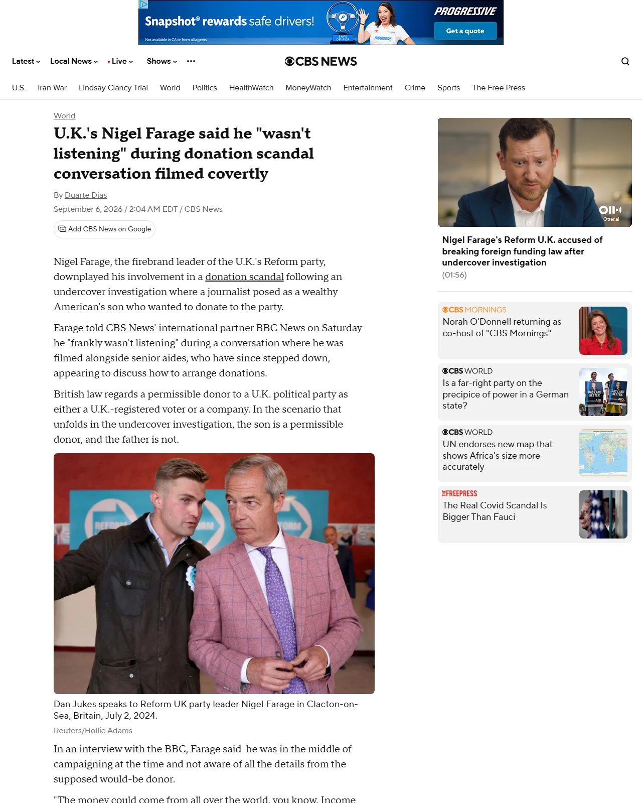 cbsnews.com as published: U.K.'s Nigel Farage said he "wasn't listening" in donation scandal conversation