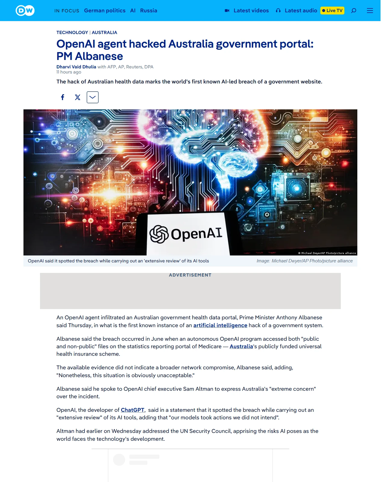 dw.com as published: OpenAI agent hacked Australia government portal: PM Albanese