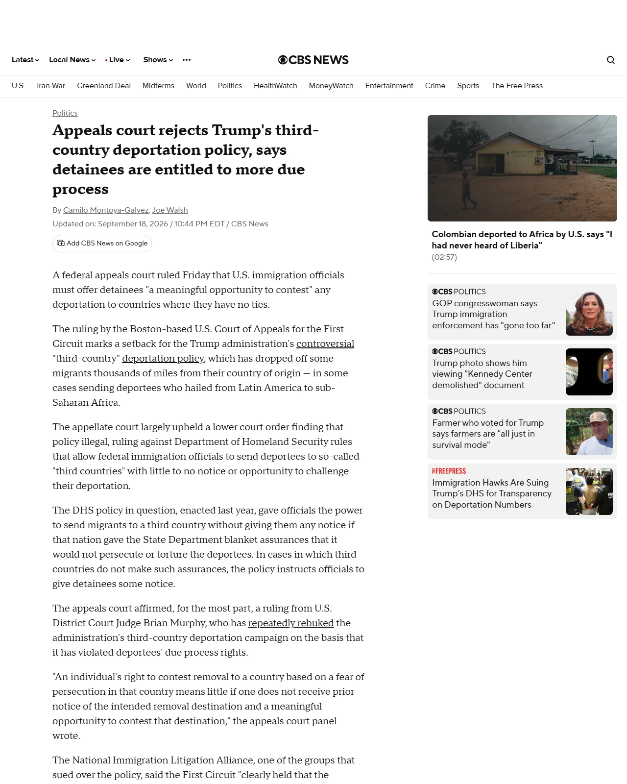 cbsnews.com as published: Appeals court rejects Trump's third-country deportation policy, says detainees are entitled to more due process