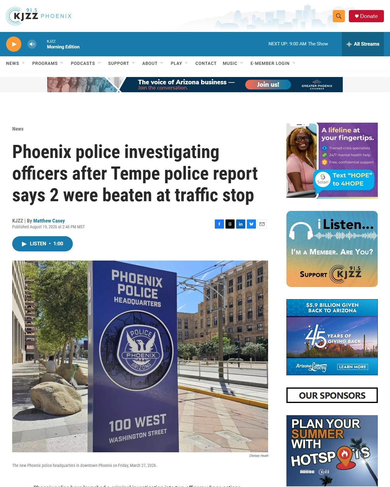 kjzz.org as published: Phoenix police investigating officers after Tempe police report says 2 were beaten at traffic stop