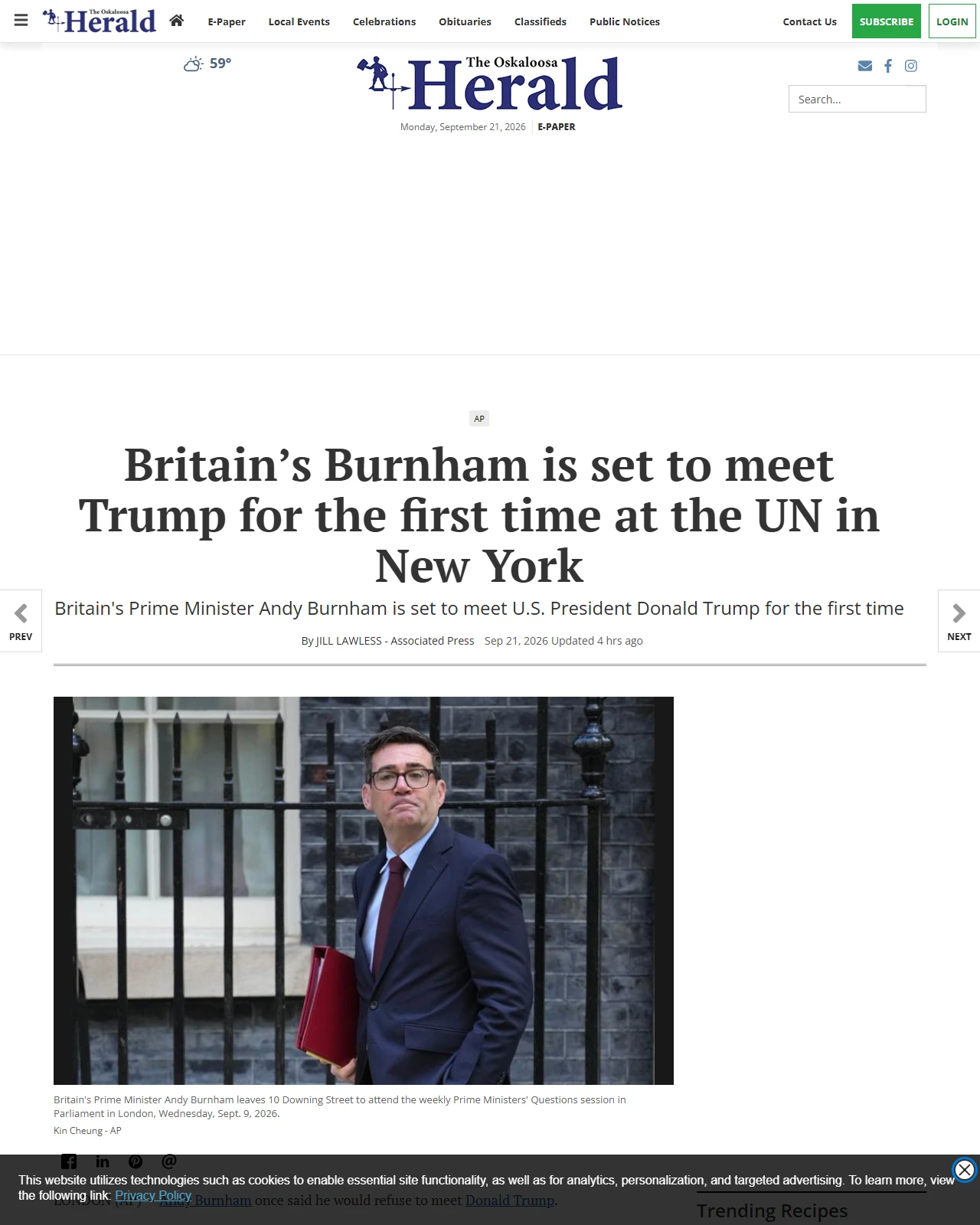 oskaloosa.com as published: Britain’s Burnham is set to meet Trump for the first time at the UN in New York