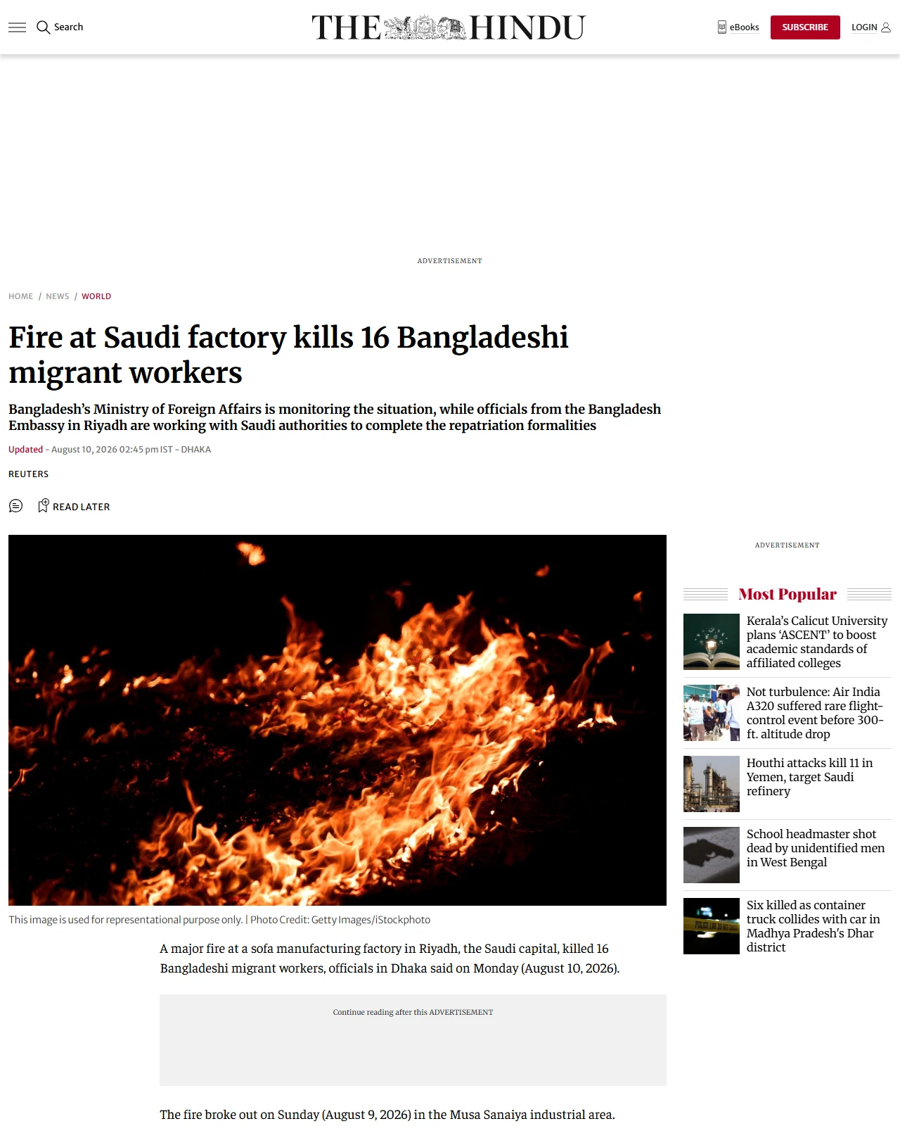 thehindu.com as published: Fire at Saudi factory kills 16 Bangladeshi migrant workers