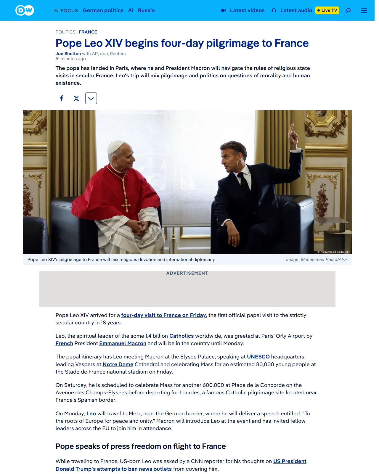 dw.com as published: Pope Leo XIV begins four-day pilgrimage to France