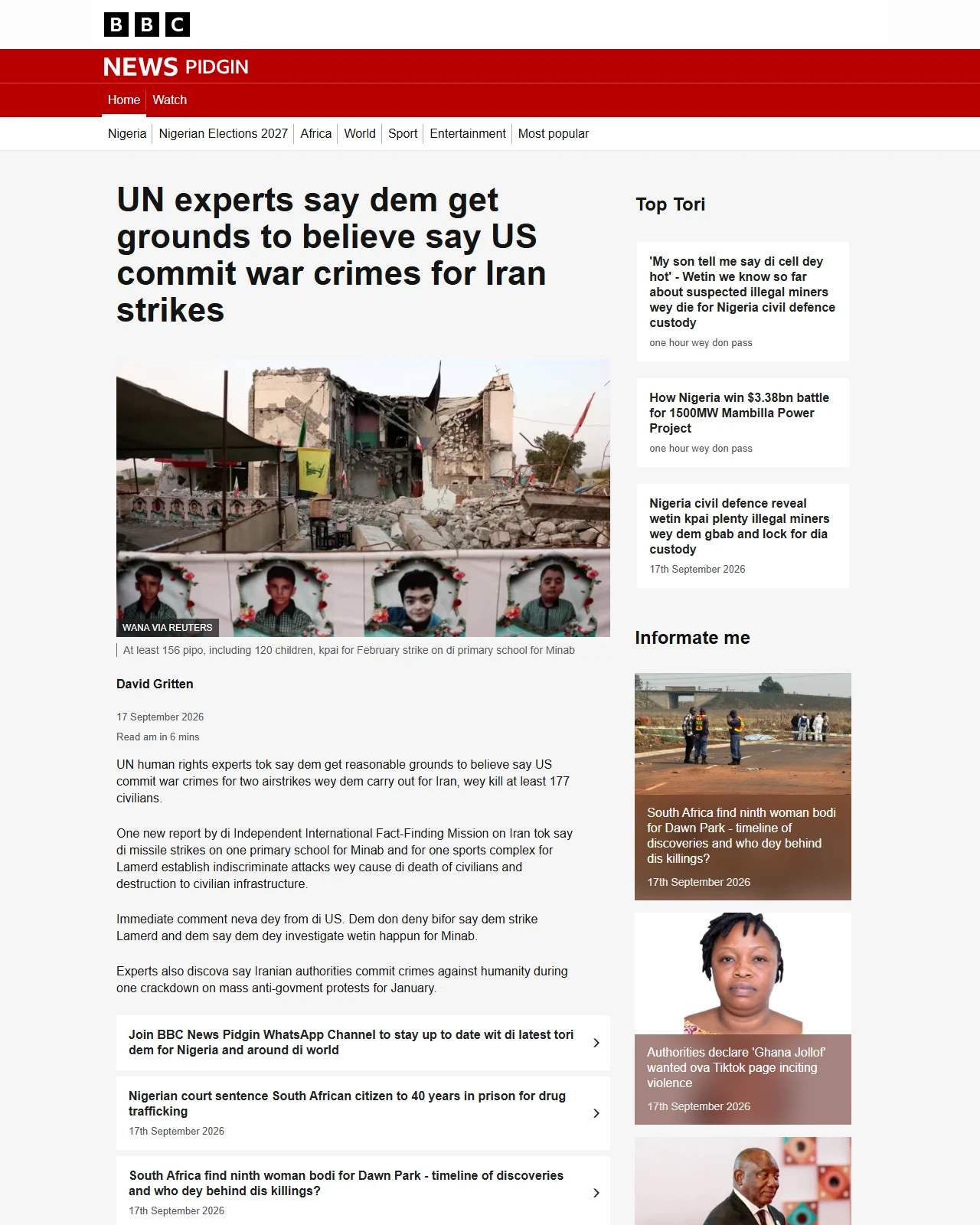 bbc.com as published: US war crime in Iran: UN experts say dem get grounds to believe say US commit war crimes for Iran strikes