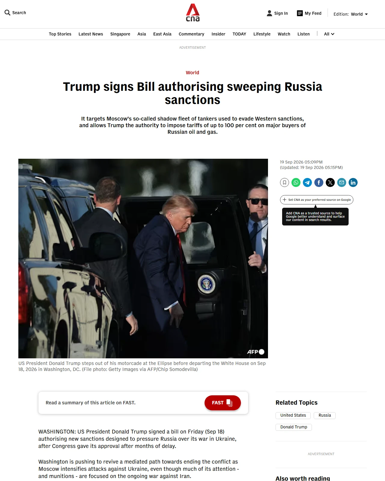 channelnewsasia.com as published: Trump signs Bill authorising sweeping Russia sanctions