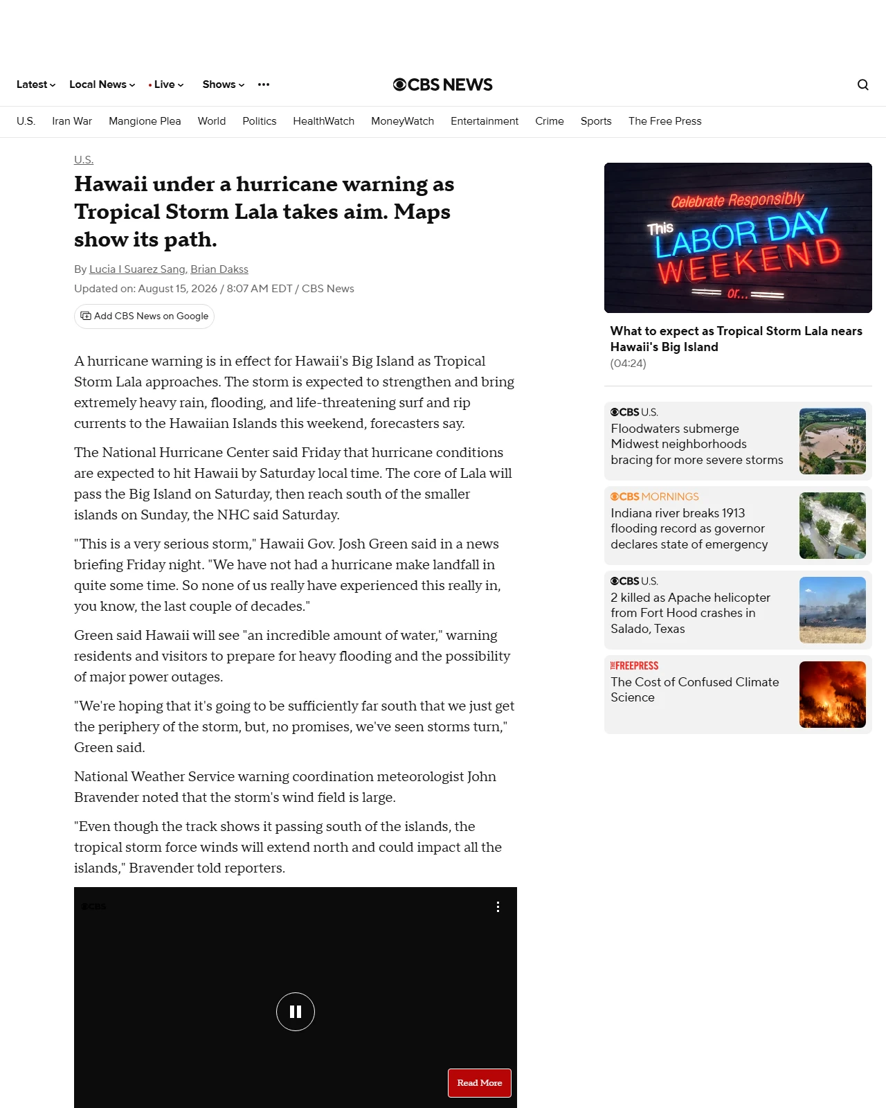 cbsnews.com as published: Hawaii under a hurricane warning as Tropical Storm Lala takes aim. Maps show its path.