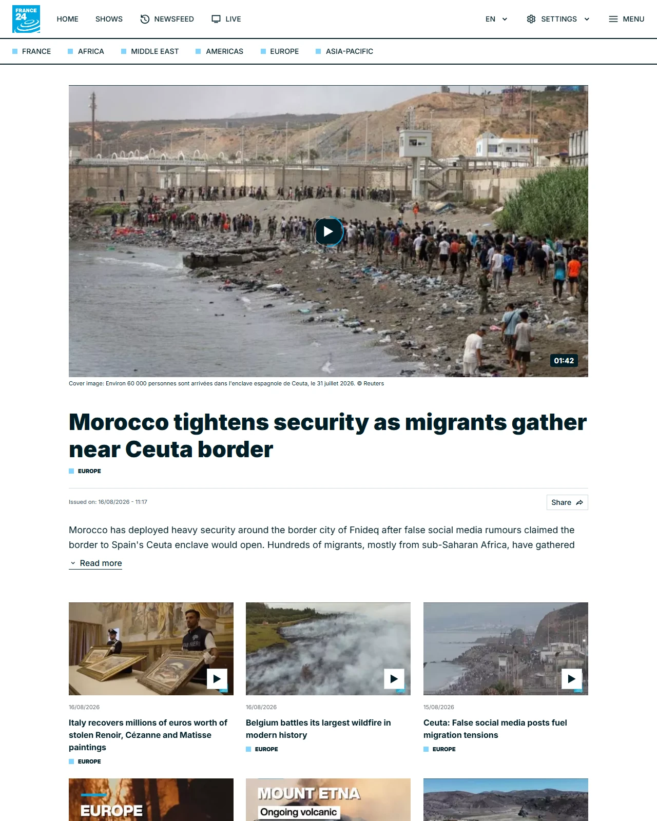 france24.com as published: Morocco tightens security as migrants gather near Ceuta border