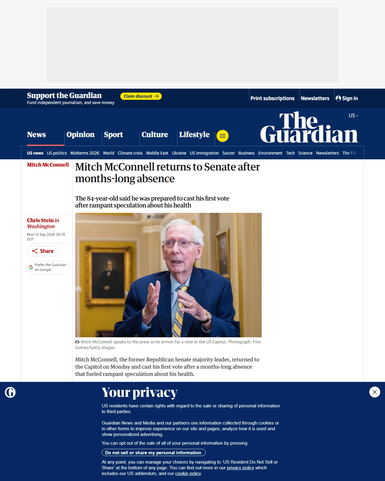theguardian.com as published: Mitch McConnell returns to Senate after months-long absence