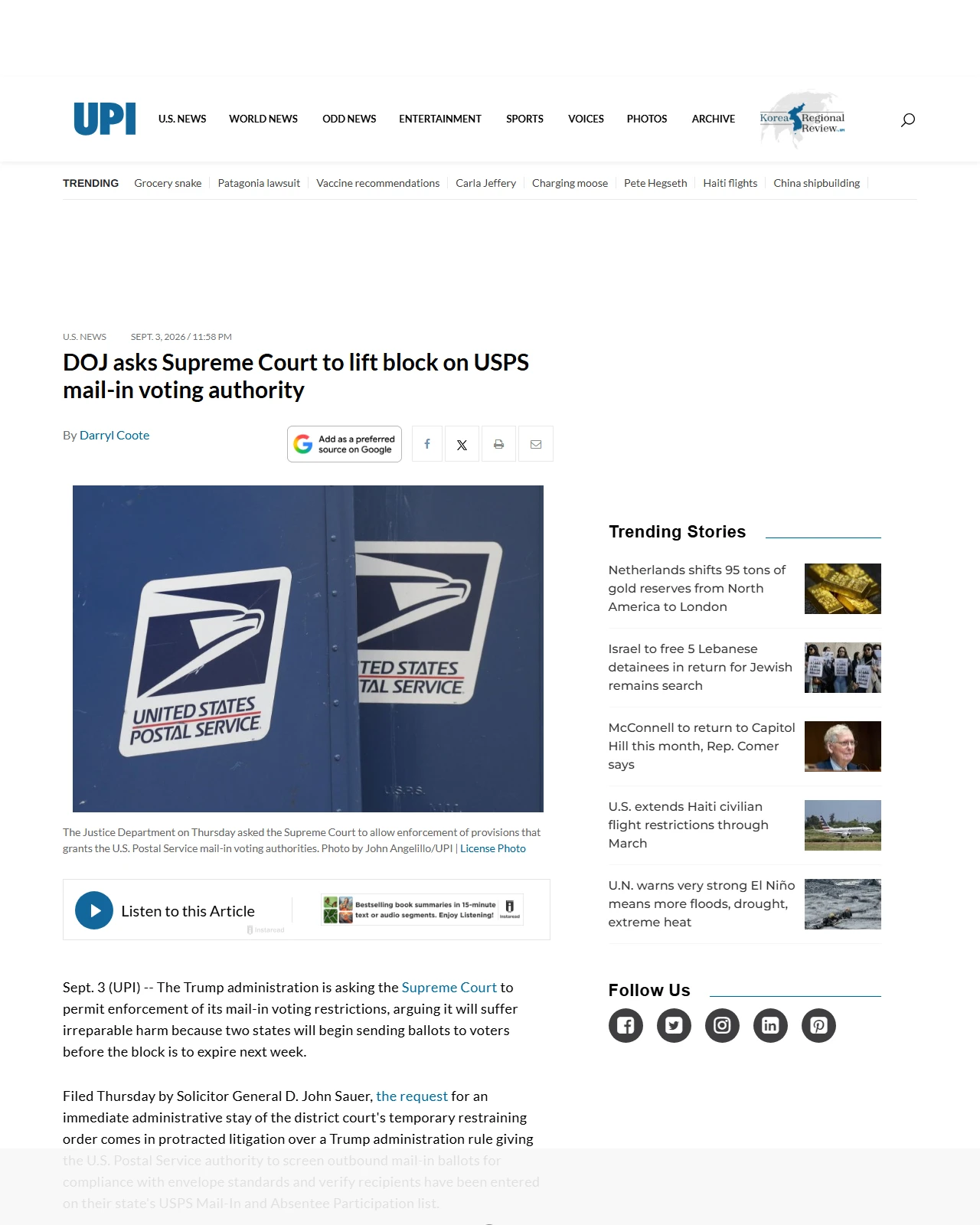 upi.com as published: DOJ asks Supreme Court to lift block on USPS mail-in voting authority