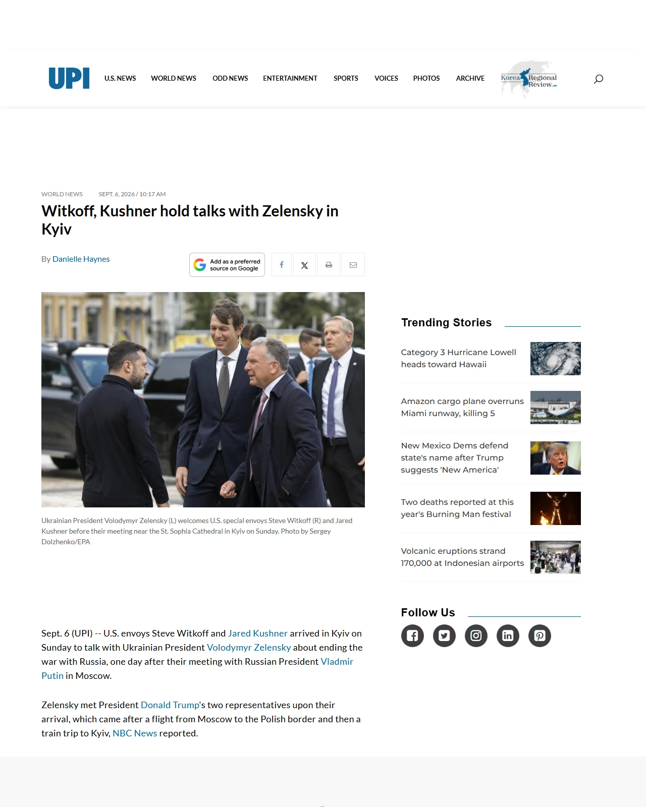 upi.com as published: Witkoff, Kushner hold talks with Zelensky in Kyiv