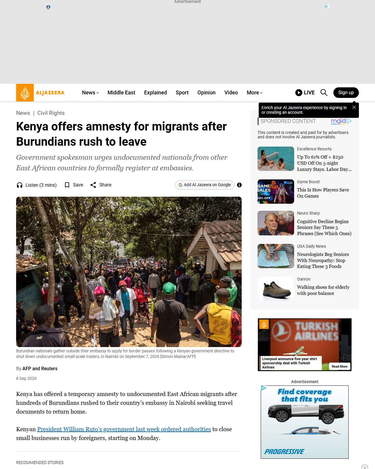 aljazeera.com as published: Kenya offers amnesty for migrants after Burundians rush to leave