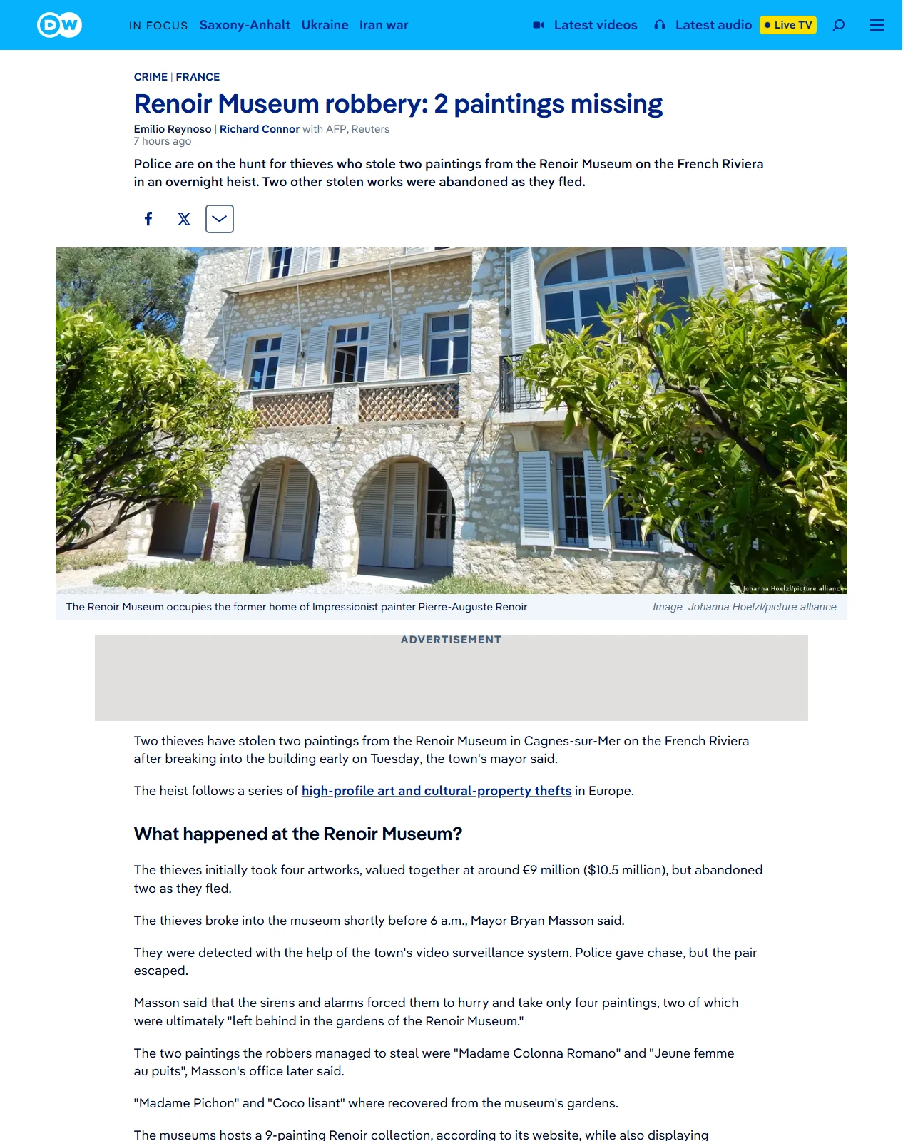 dw.com as published: Renoir Museum robbery: 2 paintings missing