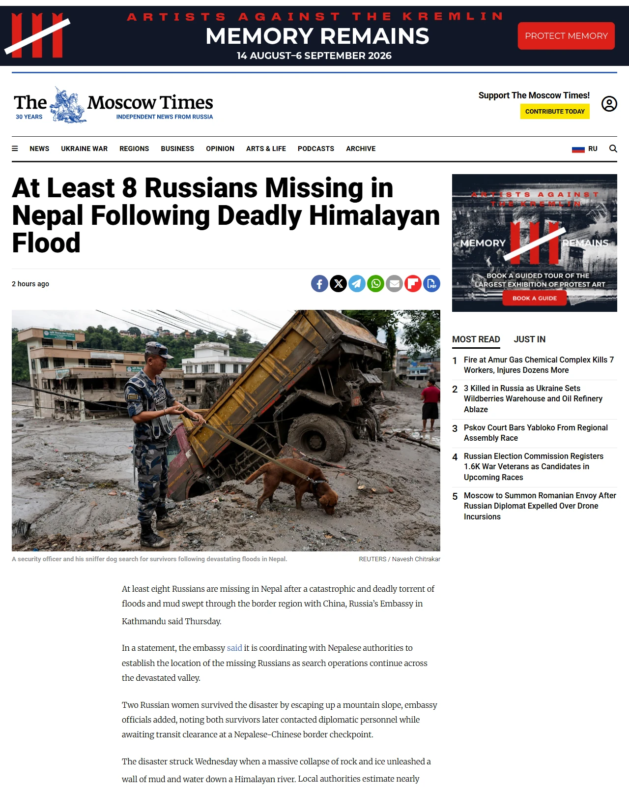 themoscowtimes.com as published: At Least 8 Russians Missing in Nepal Following Deadly Himalayan Flood