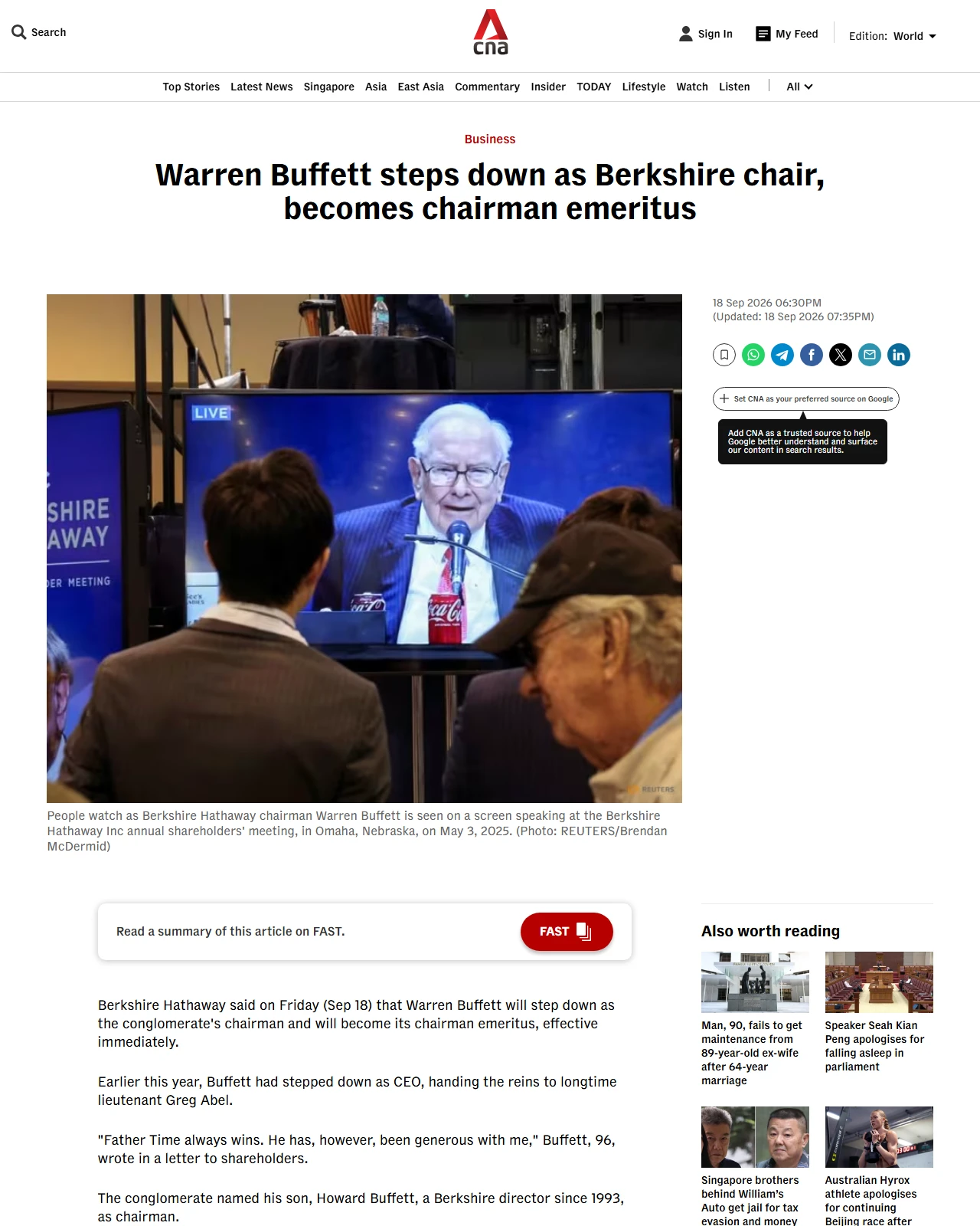 channelnewsasia.com as published: Warren Buffett steps down as Berkshire chair, becomes chairman emeritus