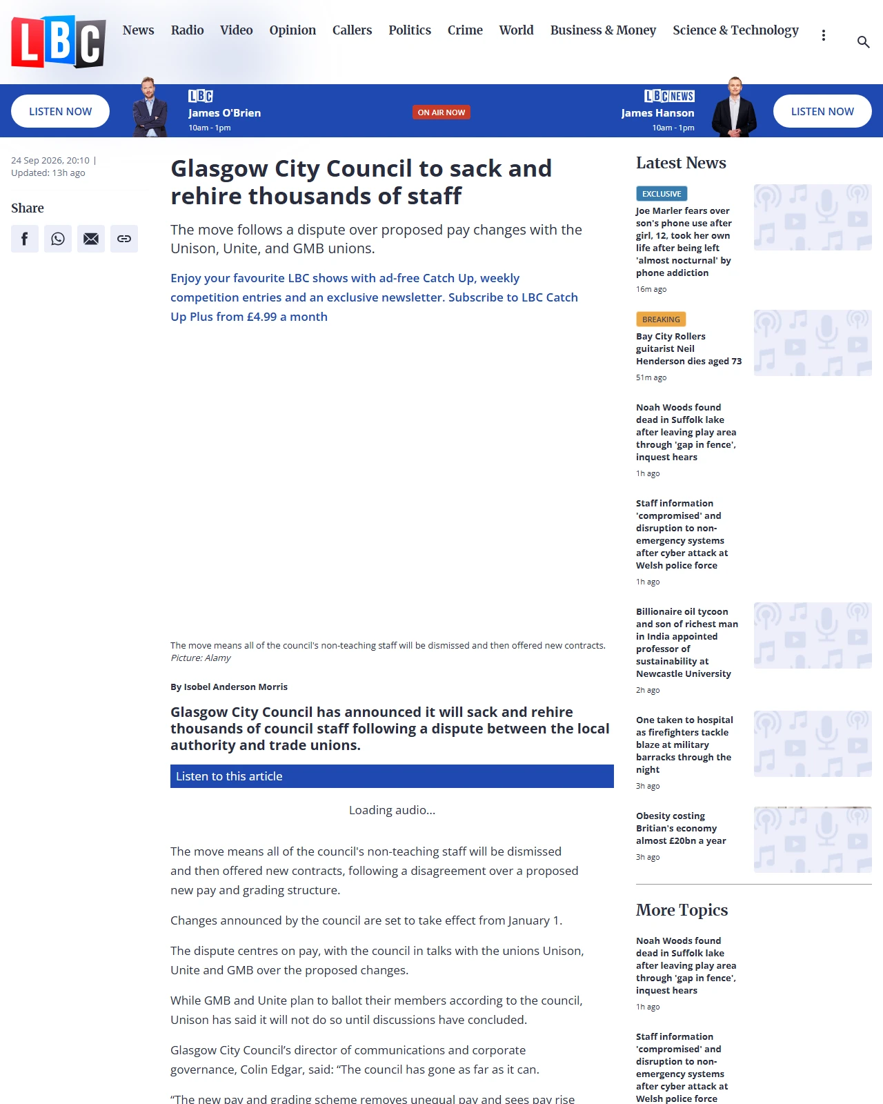 lbc.co.uk as published: Glasgow City Council to sack and rehire thousands of staff