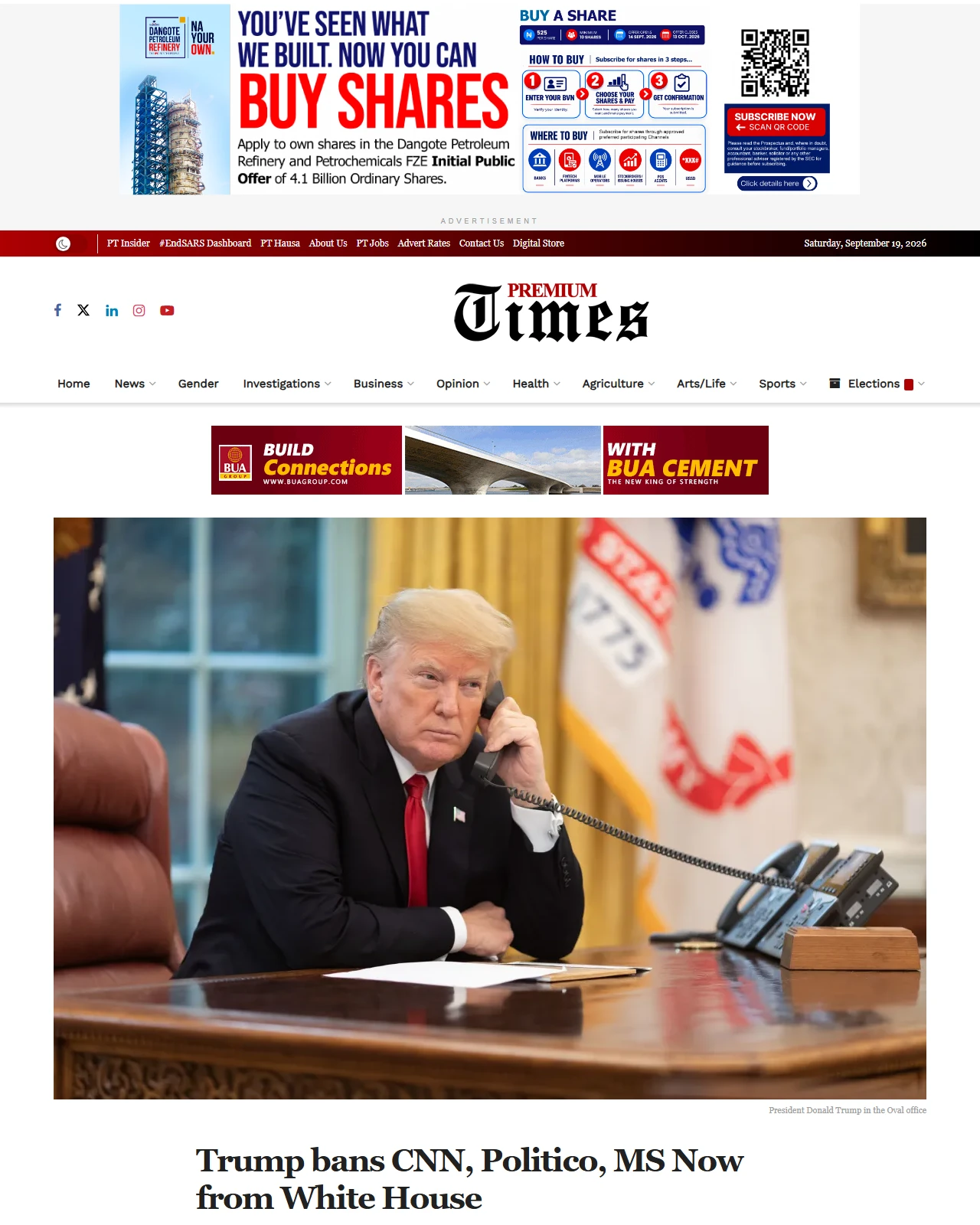 premiumtimesng.com as published: Trump bans CNN, Politico, MS Now from White House