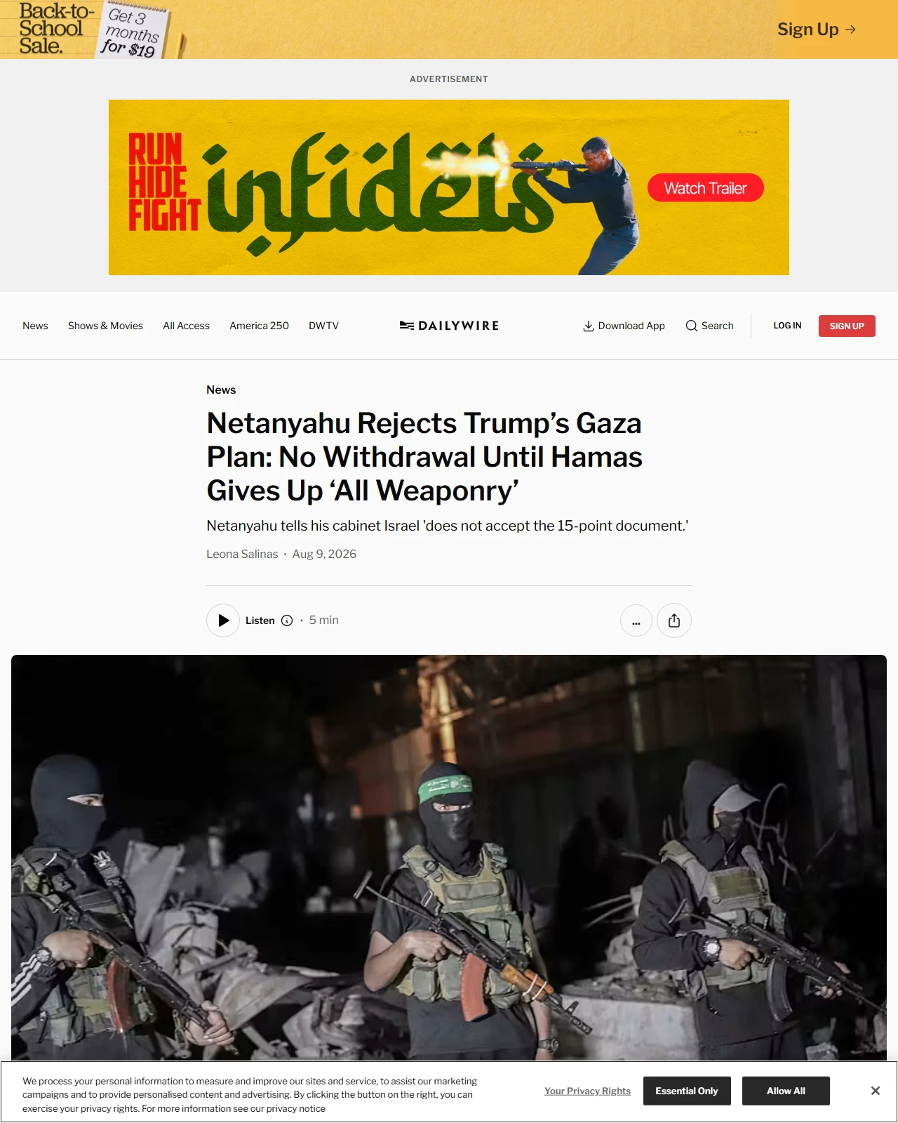 dailywire.com as published: Netanyahu Rejects Trump’s Gaza Plan: No Withdrawal Until Hamas Gives Up ‘All Weaponry’