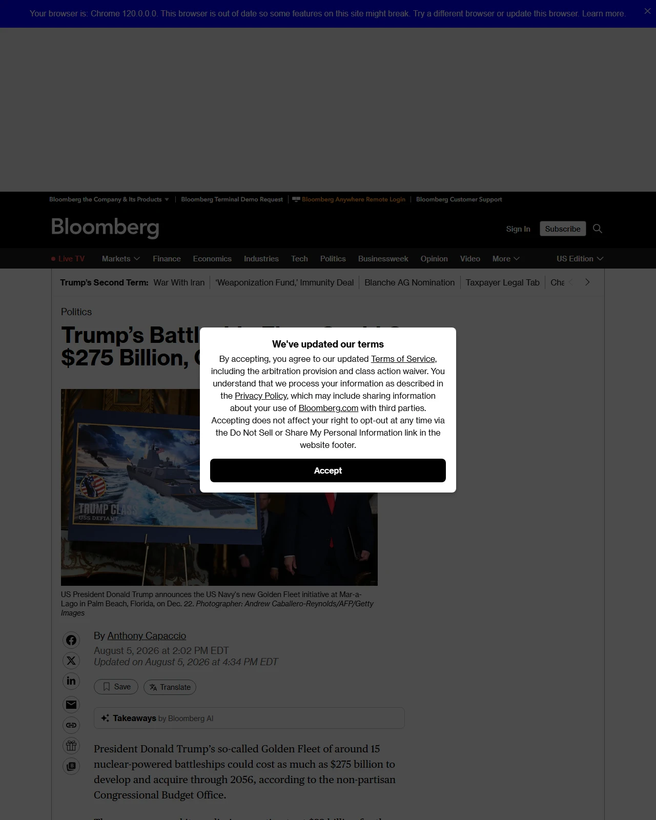 bloomberg.com as published: Trump’s Battleship Fleet Could Cost $275 Billion, CBO Says
