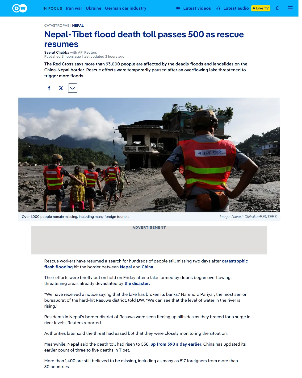 dw.com as published: Nepal-Tibet flood death toll passes 500 as rescue resumes