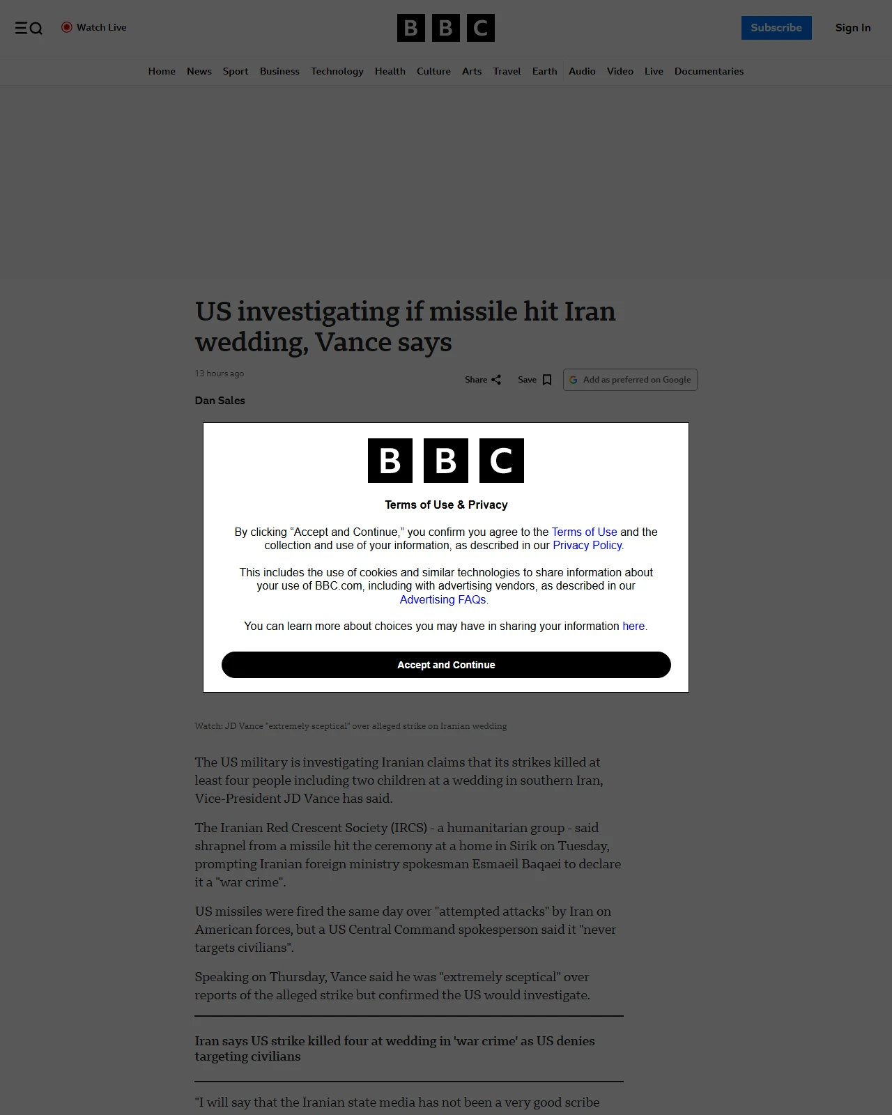 bbc.co.uk as published: US investigating if missile hit Iran wedding, Vance says
