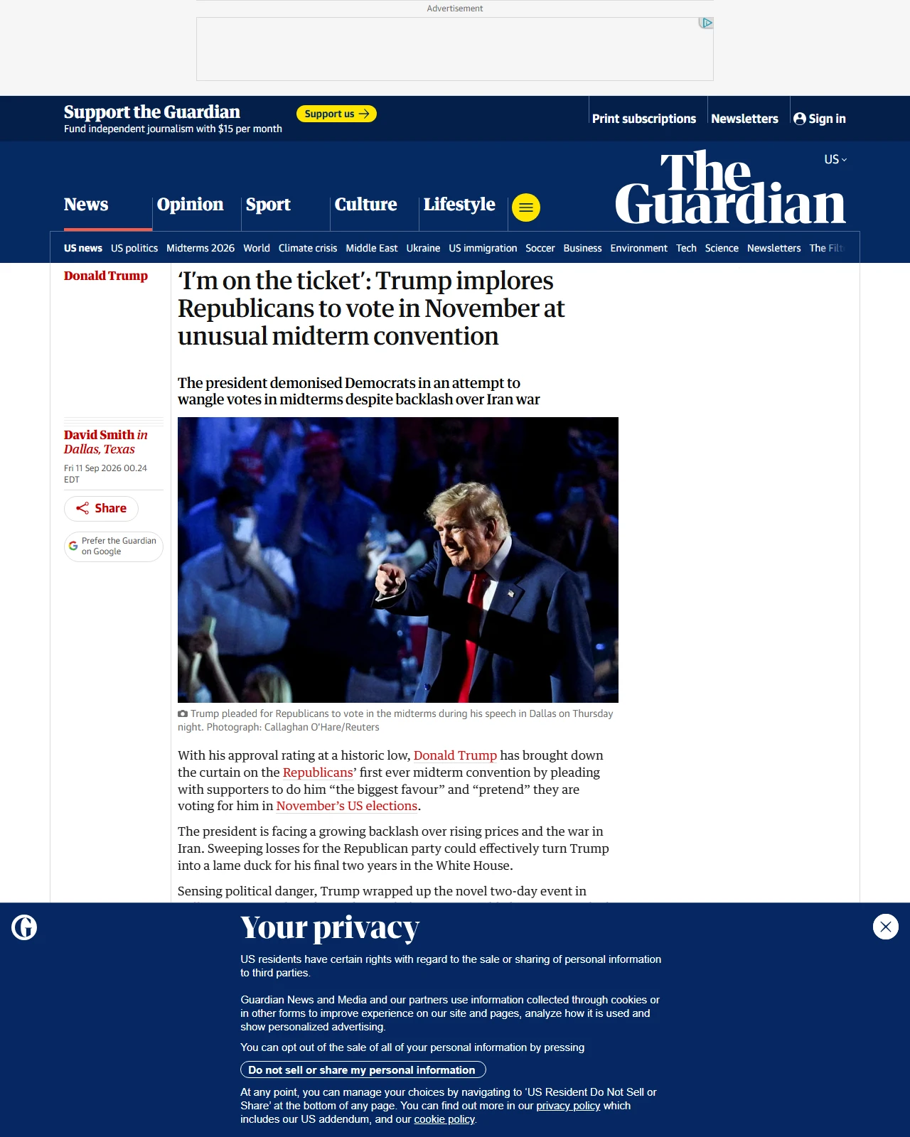 theguardian.com as published: ‘I’m on the ticket’: Trump implores Republicans to vote in November at unusual midterm convention