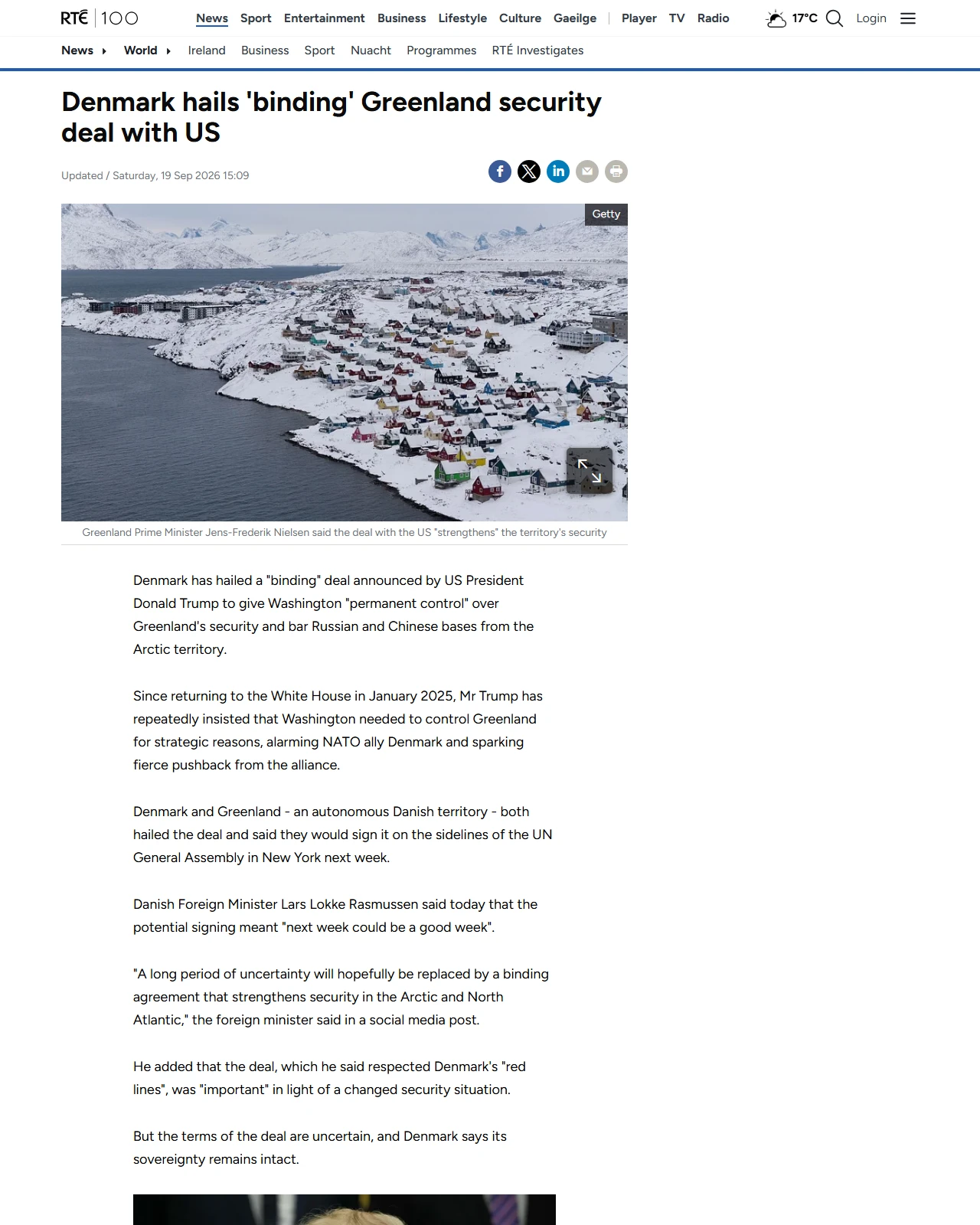 rte.ie as published: Greenland says deal with US will not impact sovereignty