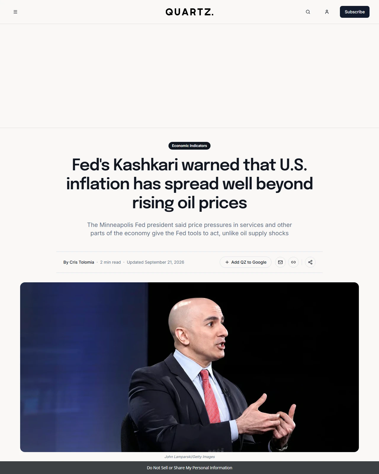 qz.com as published: Minneapolis Fed's Kashkari says inflation is too high across all sectors
