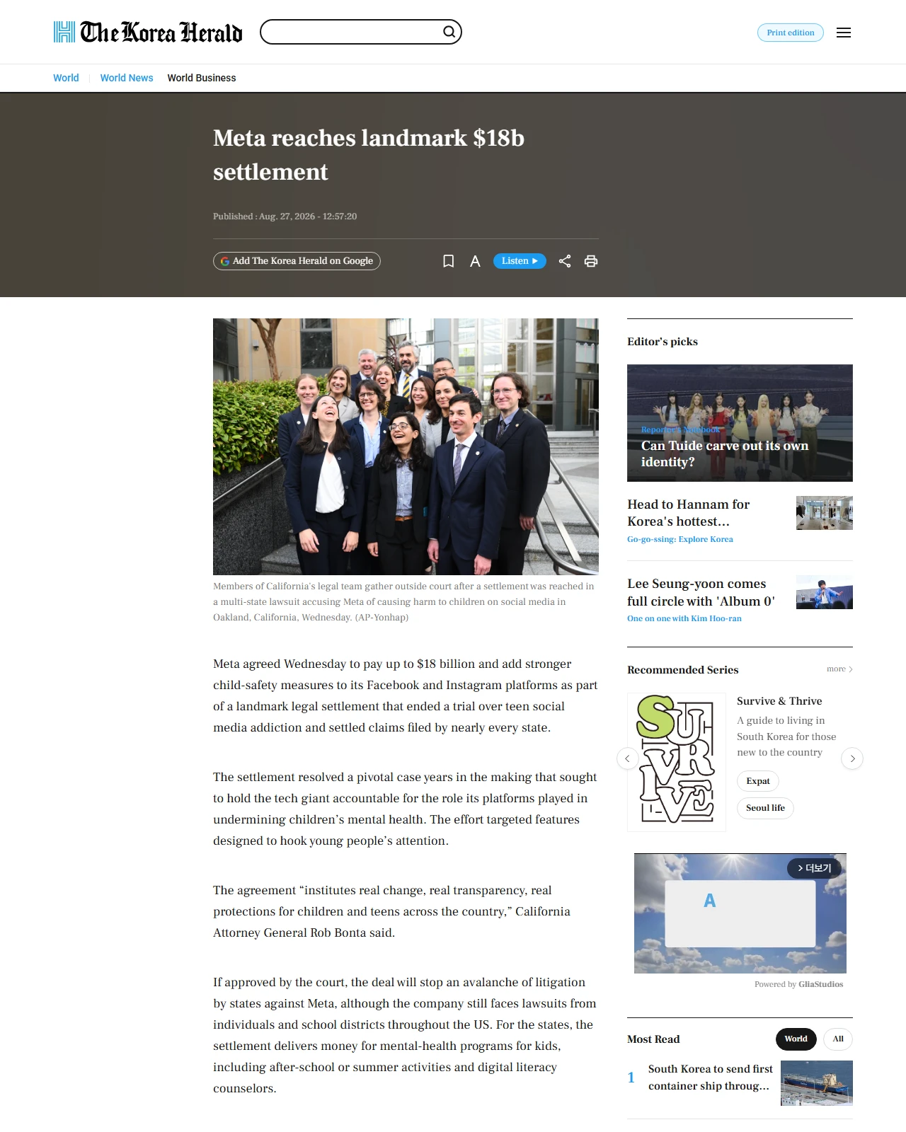 koreaherald.com as published: Meta reaches landmark $18b settlement
