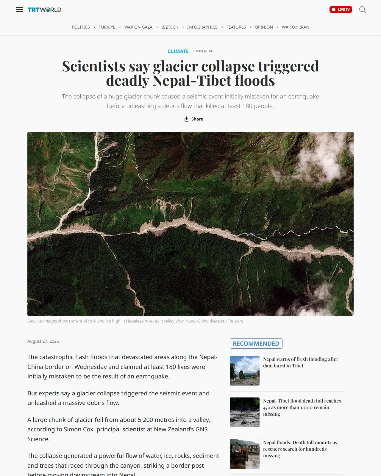 trtworld.com as published: Scientists say glacier collapse triggered deadly Nepal-Tibet floods