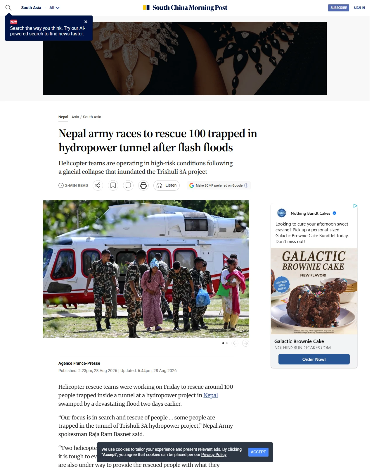 scmp.com as published: Nepal army races to rescue 100 trapped in hydropower tunnel after flash floods