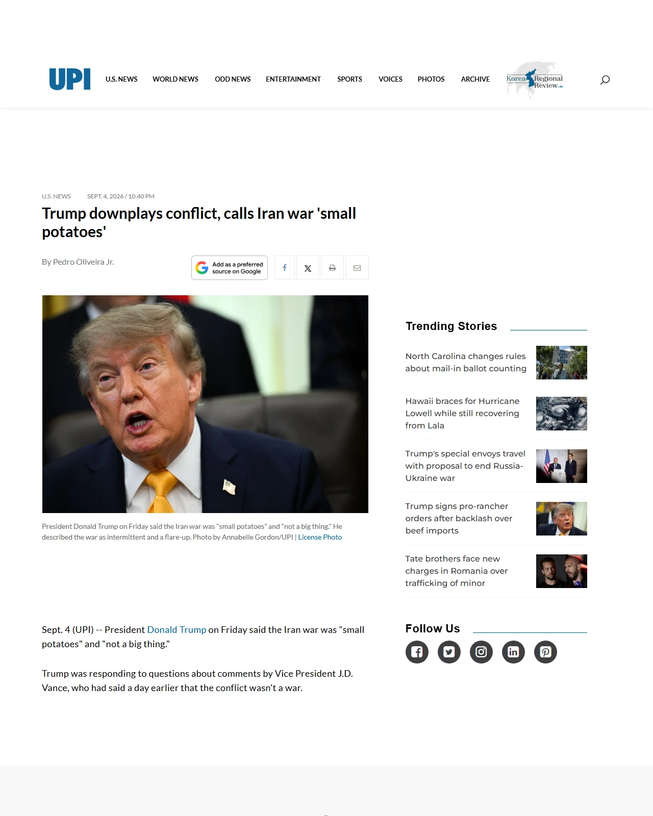 upi.com as published: Trump downplays conflict, calls Iran war 'small potatoes'