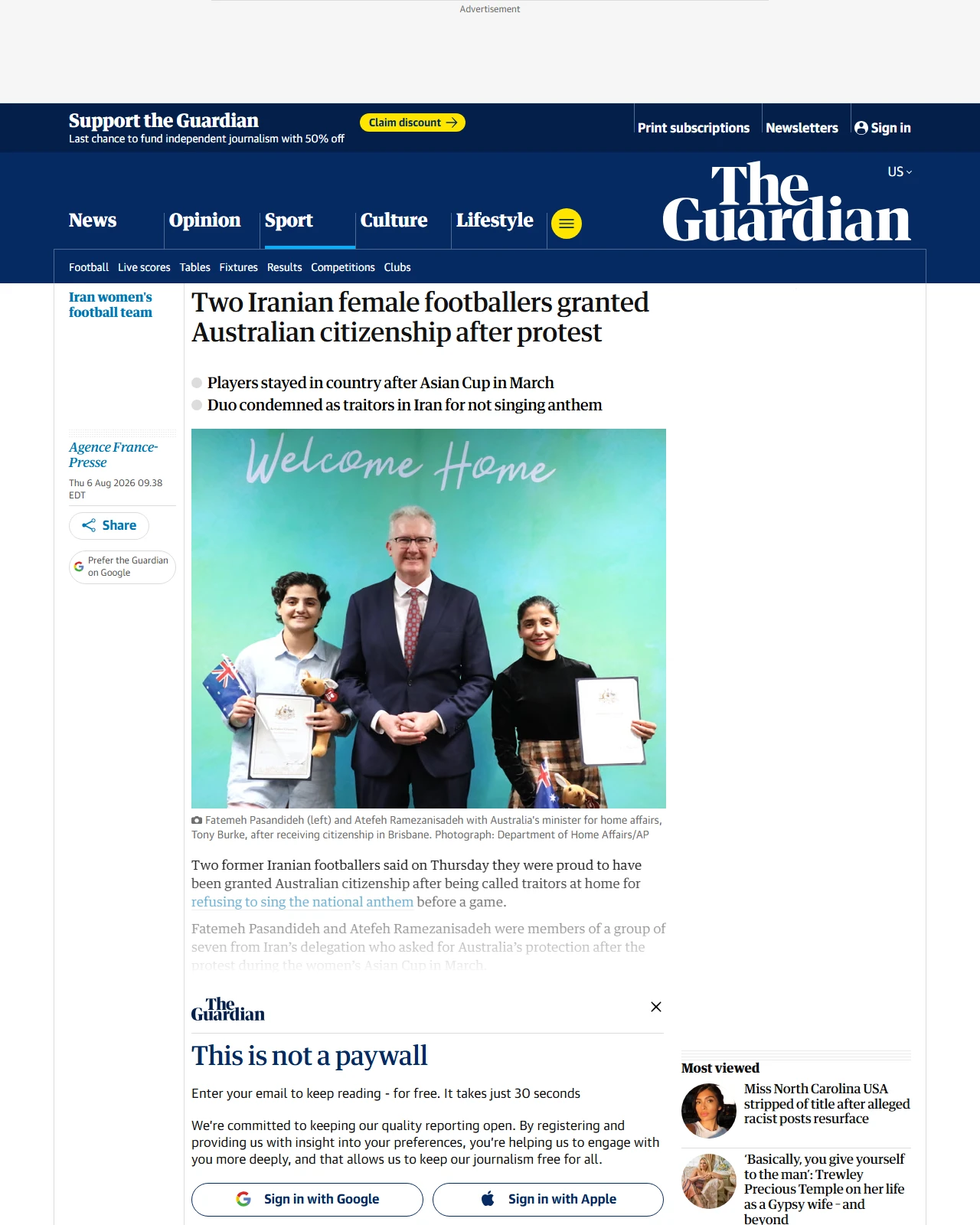 theguardian.com as published: Two Iranian female footballers granted Australian citizenship after protest