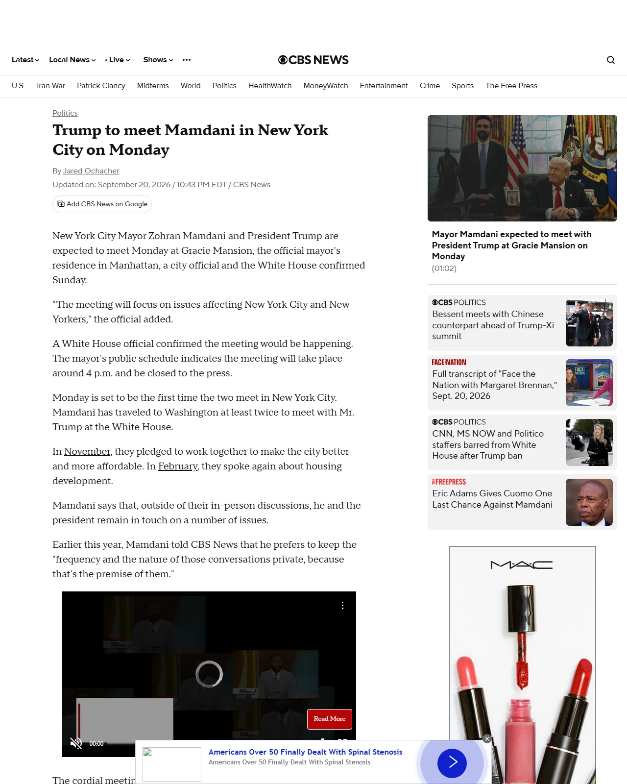 cbsnews.com as published: Trump to meet Mamdani in New York City on Monday