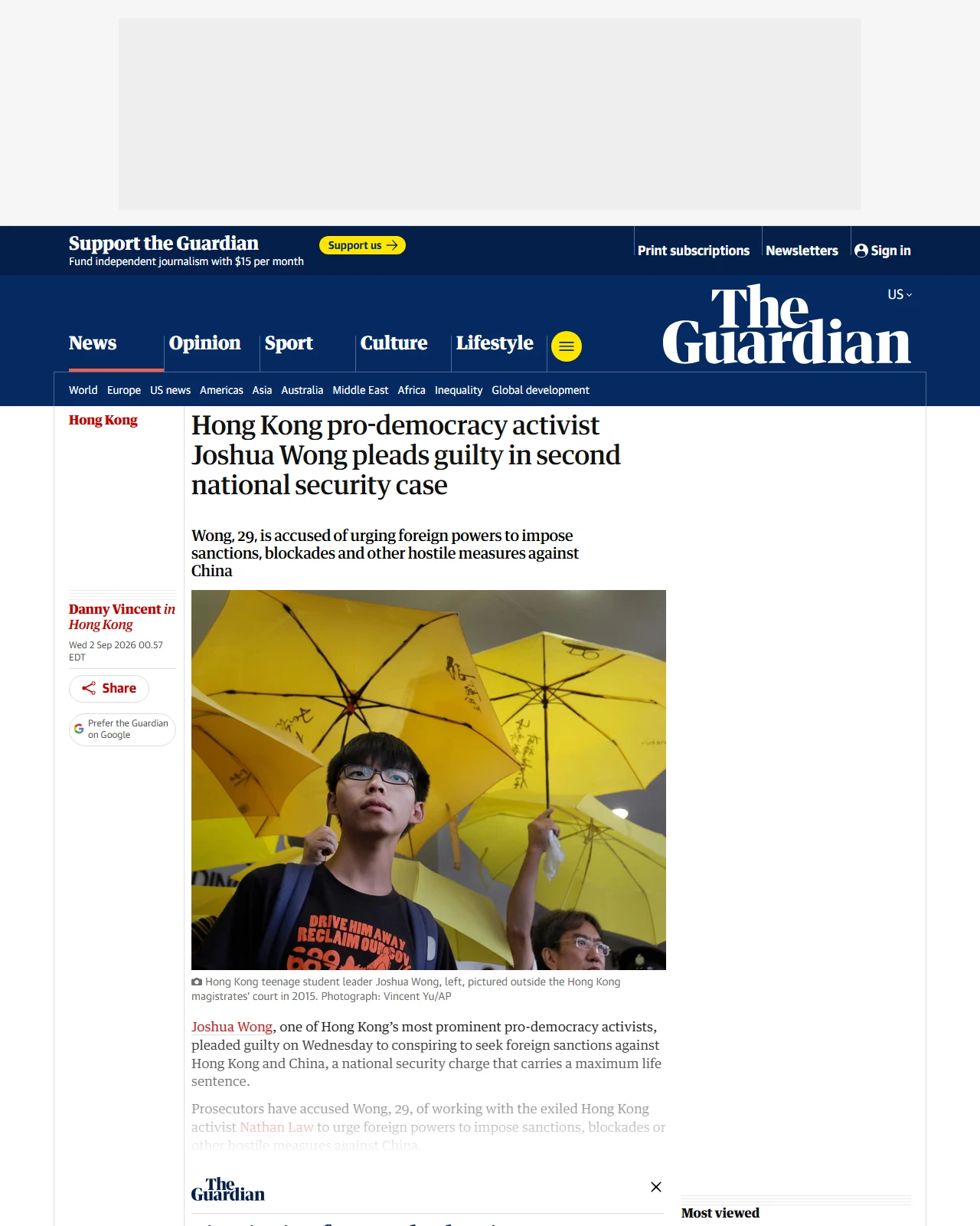 theguardian.com as published: Hong Kong pro-democracy activist Joshua Wong pleads guilty in second national security case