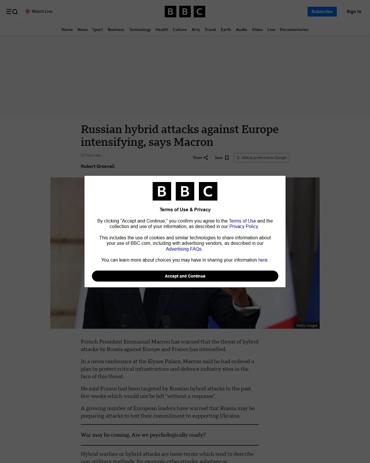 bbc.co.uk as published: Russian hybrid attacks against Europe intensifying, says Macron
