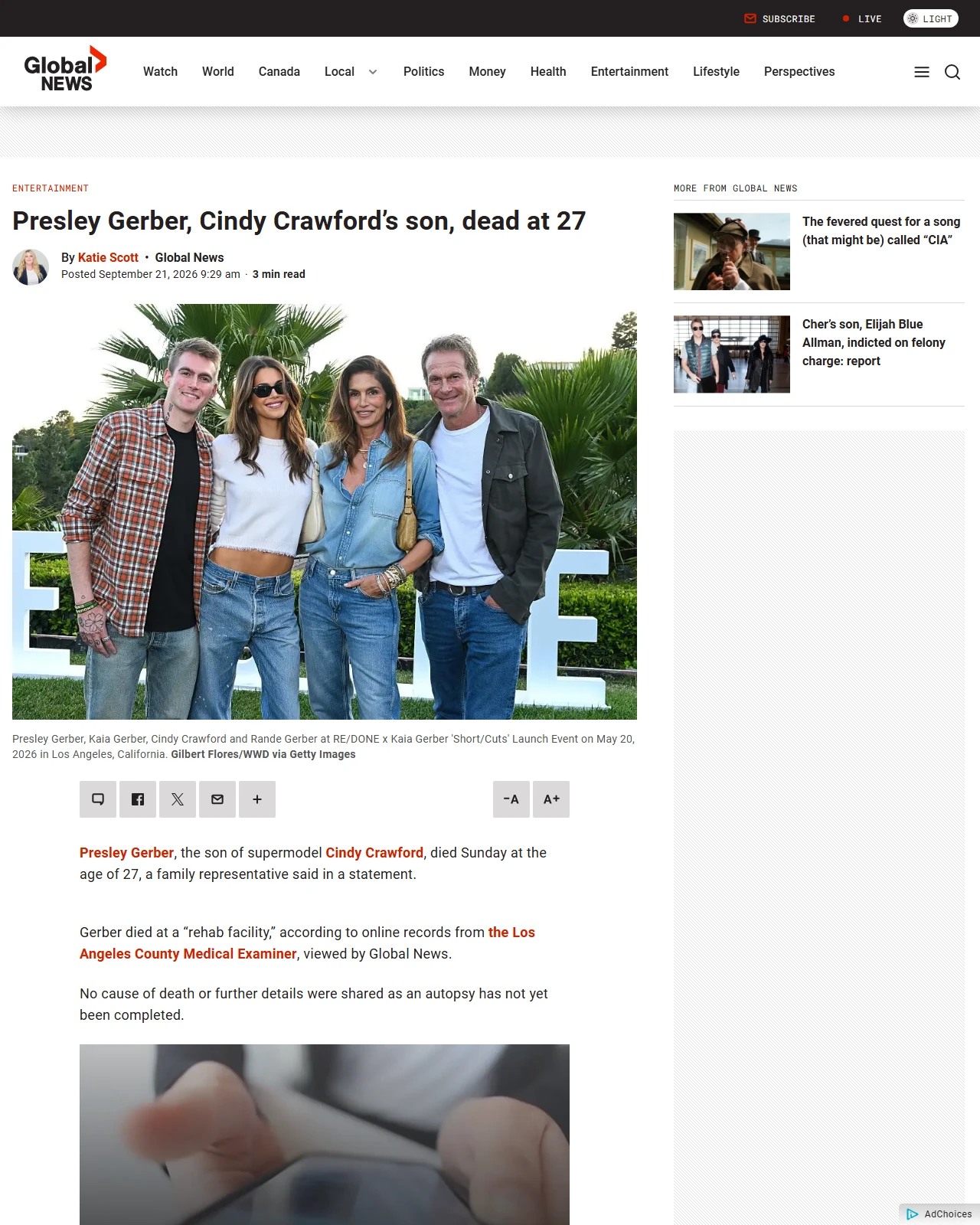 globalnews.ca as published: Presley Gerber, Cindy Crawford’s son, dead at 27