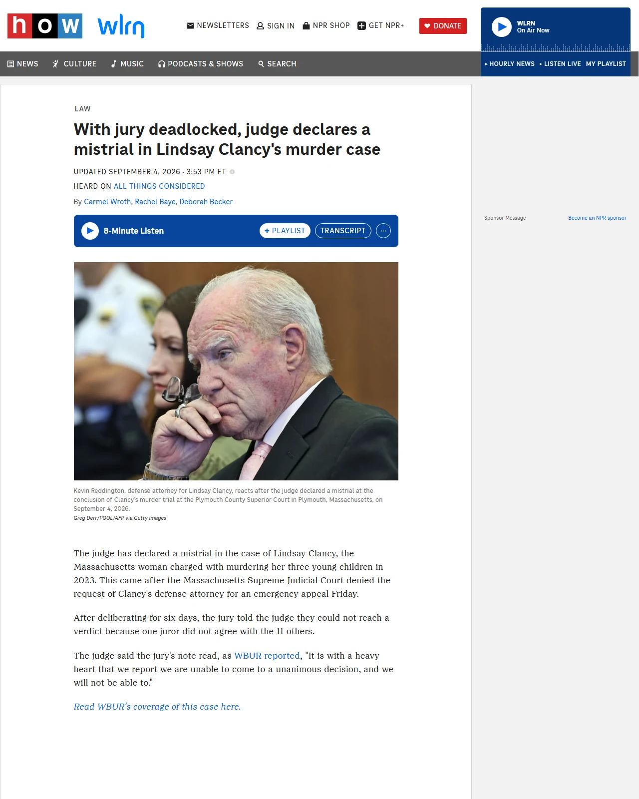 npr.org as published: With jury deadlocked, judge declares a mistrial in Lindsay Clancy's murder case