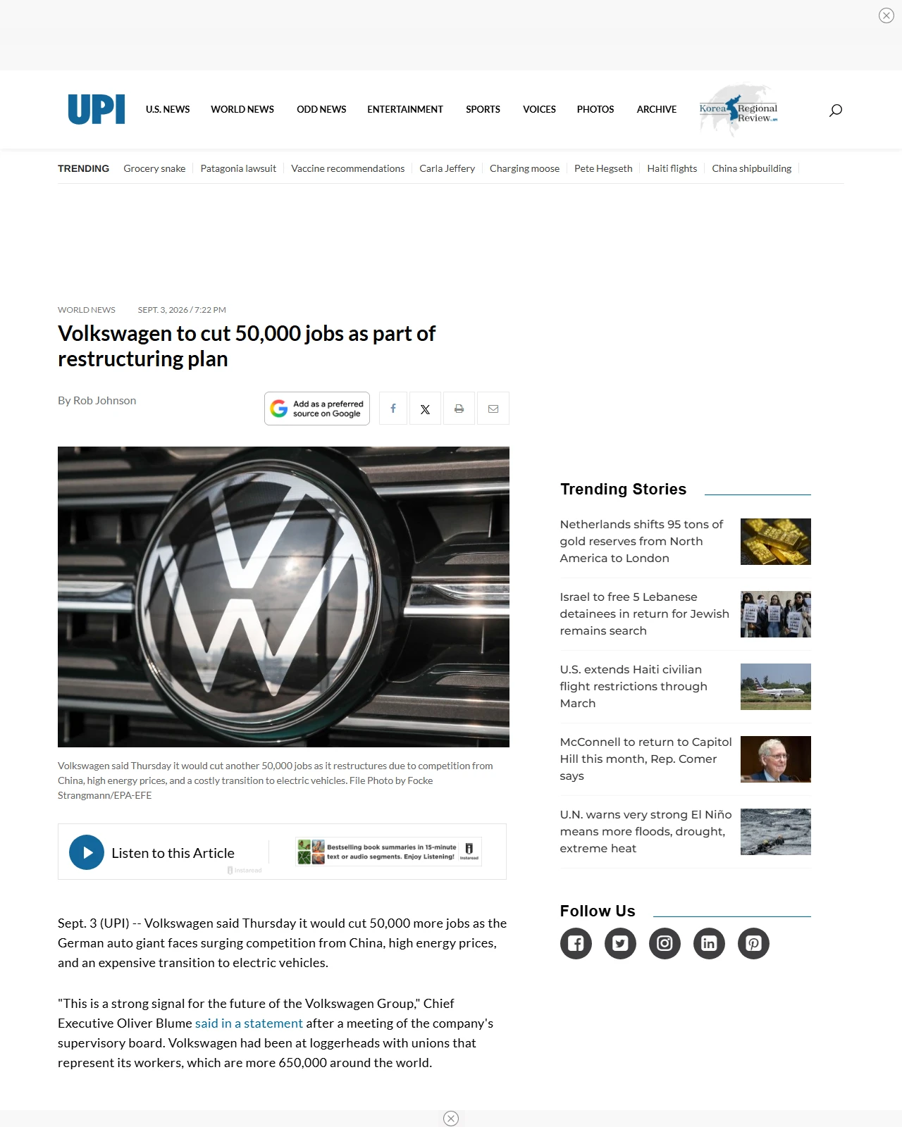 upi.com as published: Volkswagen to cut 50,000 jobs as part of restructuring plan