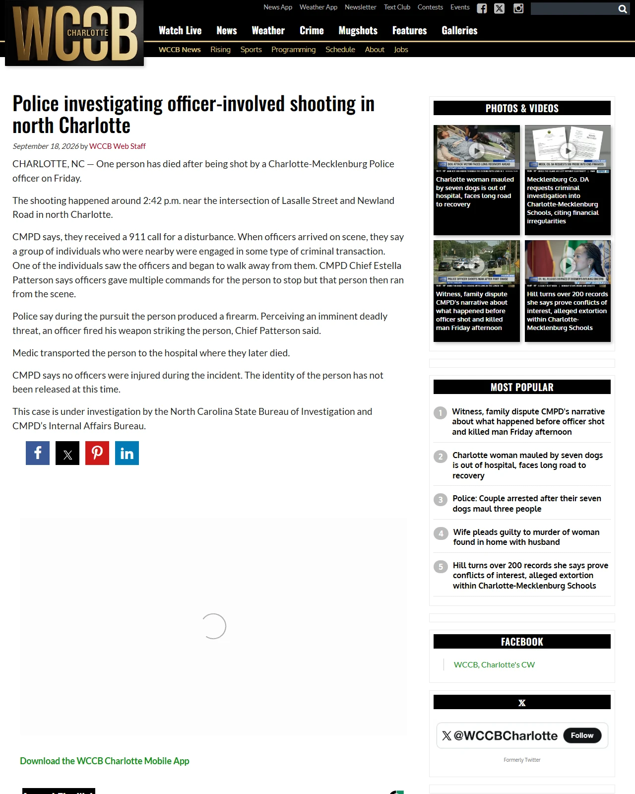 wccbcharlotte.com as published: Police investigating officer-involved shooting in north Charlotte