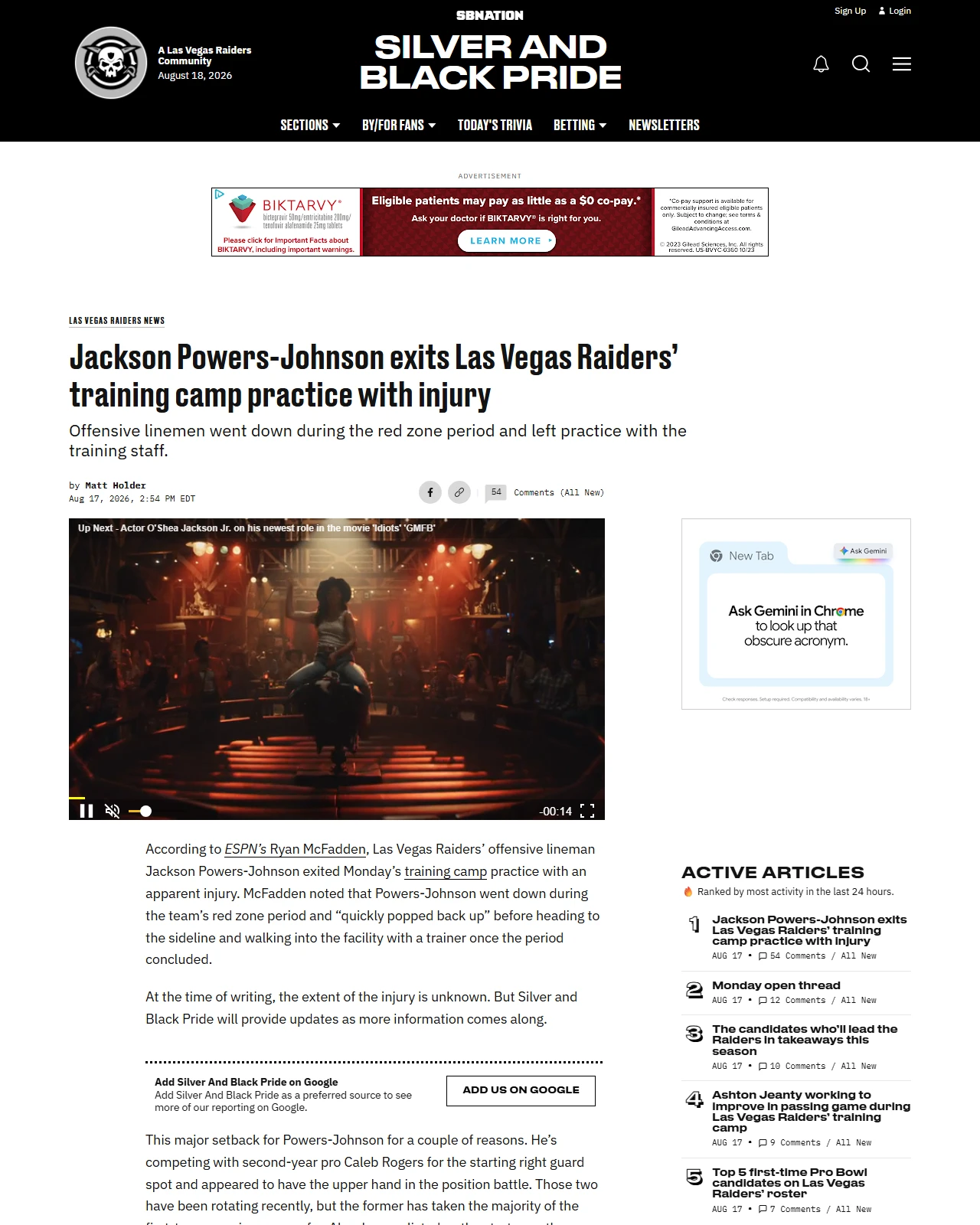 silverandblackpride.com as published: Jackson Powers-Johnson exits Las Vegas Raiders’ training camp practice with injury