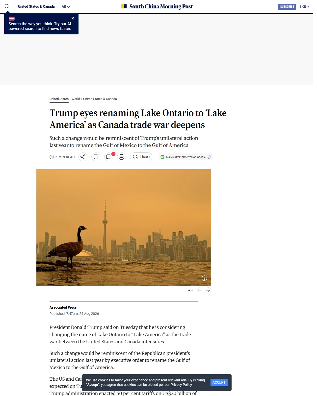 scmp.com as published: Trump eyes renaming Lake Ontario to ‘Lake America’ as Canada trade war deepens