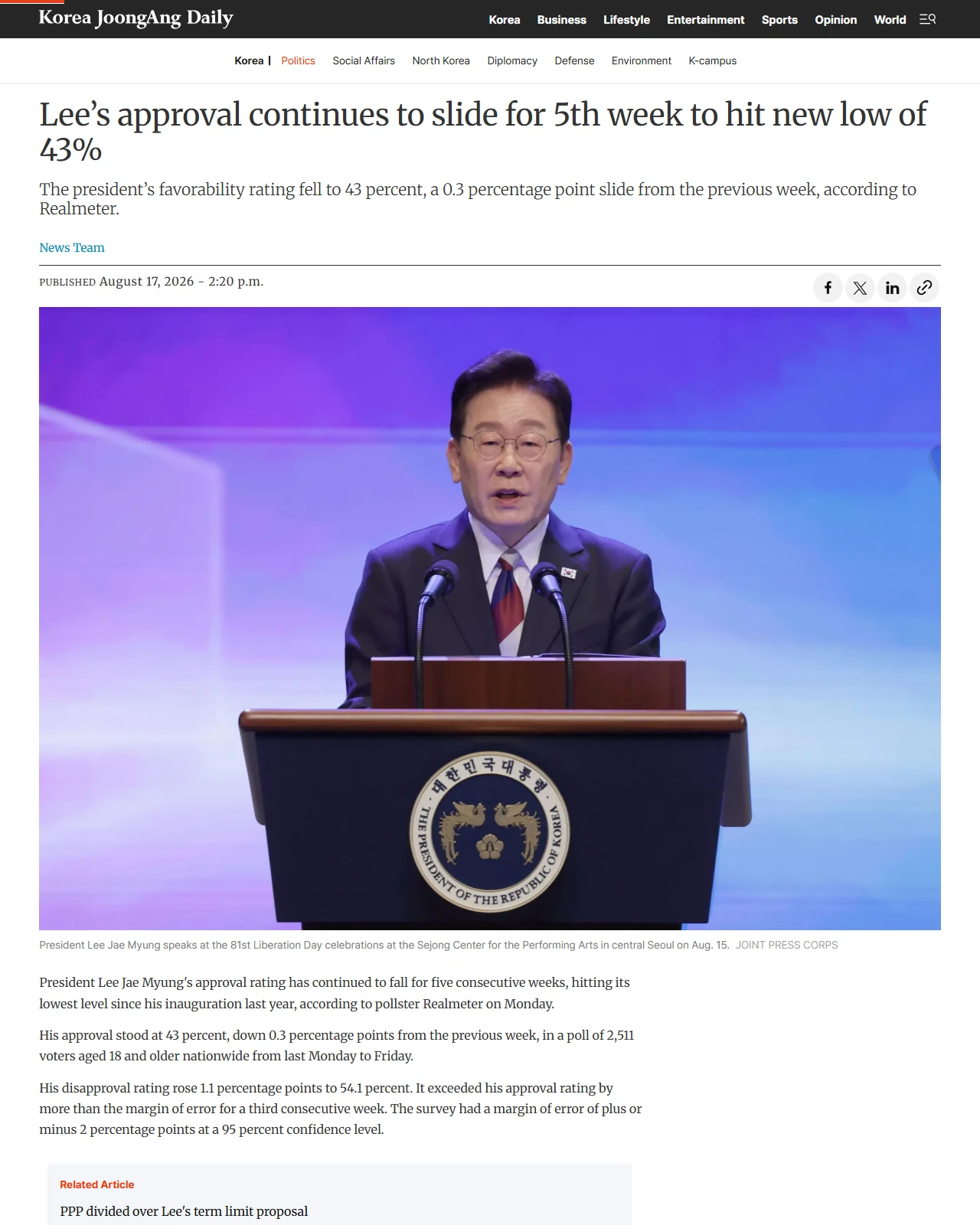 koreajoongangdaily.com as published: Lee’s approval continues to slide for 5th week to hit new low of 43%