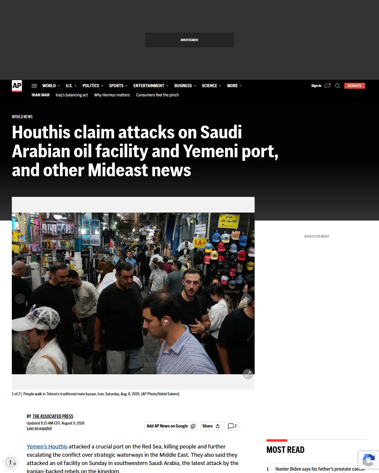 apnews.com as published: Yemen’s Houthis claim attack on Aramco oil facility in Saudi Arabia, and other Middle East news