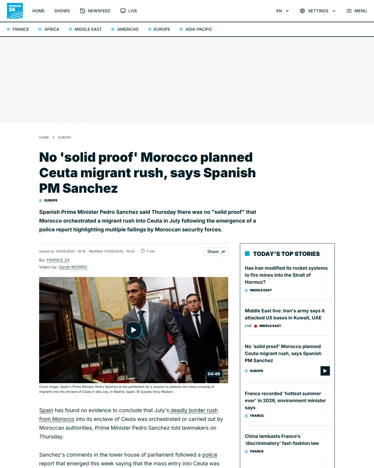france24.com as published: No 'solid proof' Morocco planned Ceuta migrant rush, says Spanish PM Sanchez