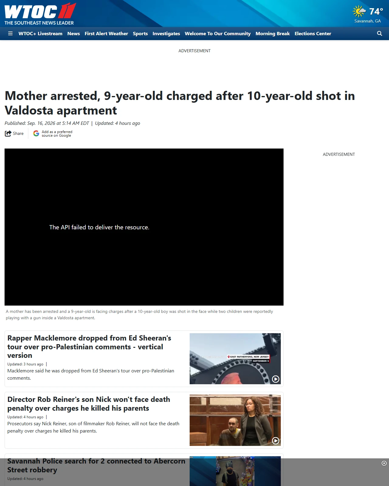 wtoc.com as published: Mother arrested, 9-year-old charged after 10-year-old shot in Valdosta apartment