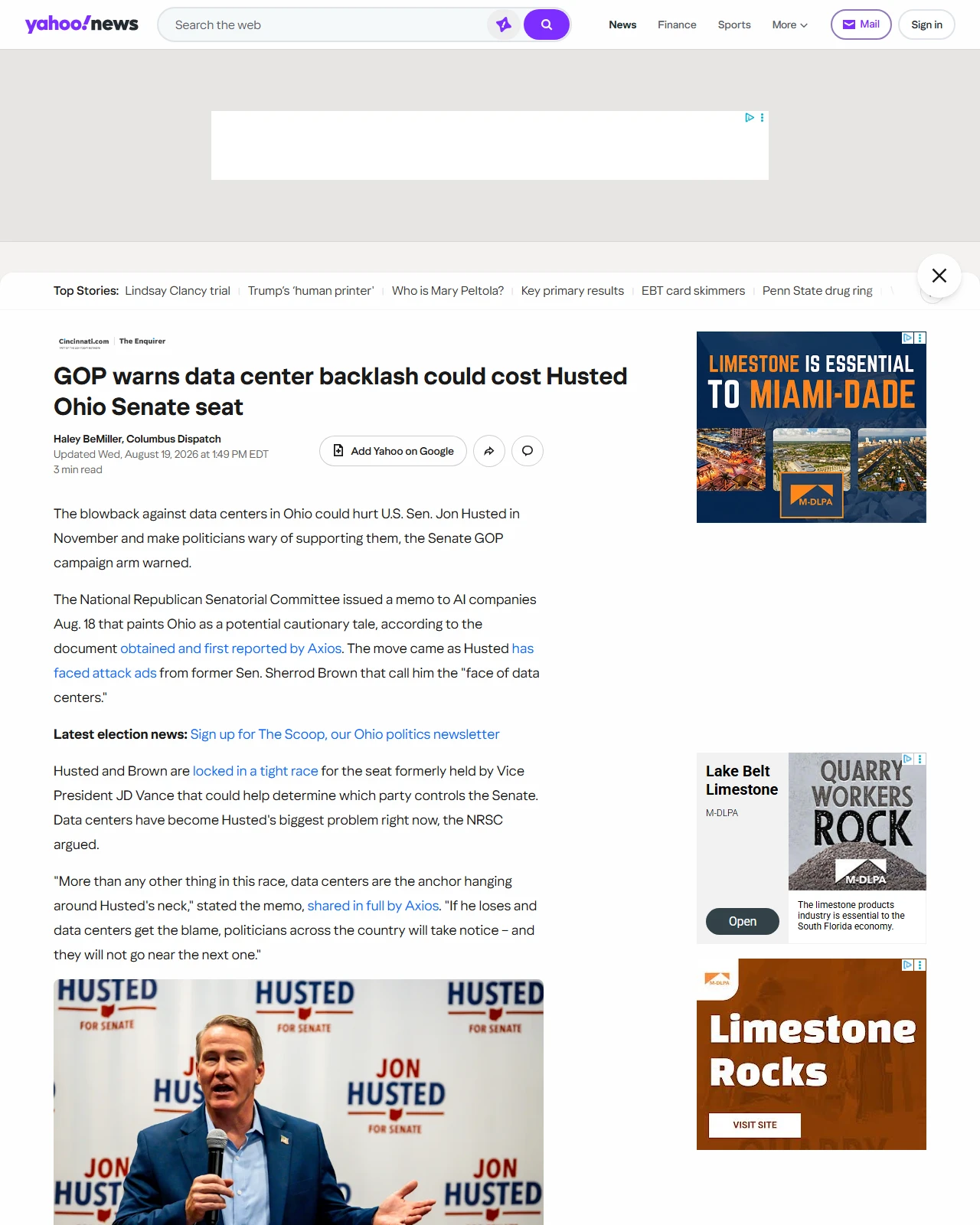 yahoo.com as published: GOP warns data center backlash could cost Husted Ohio Senate seat